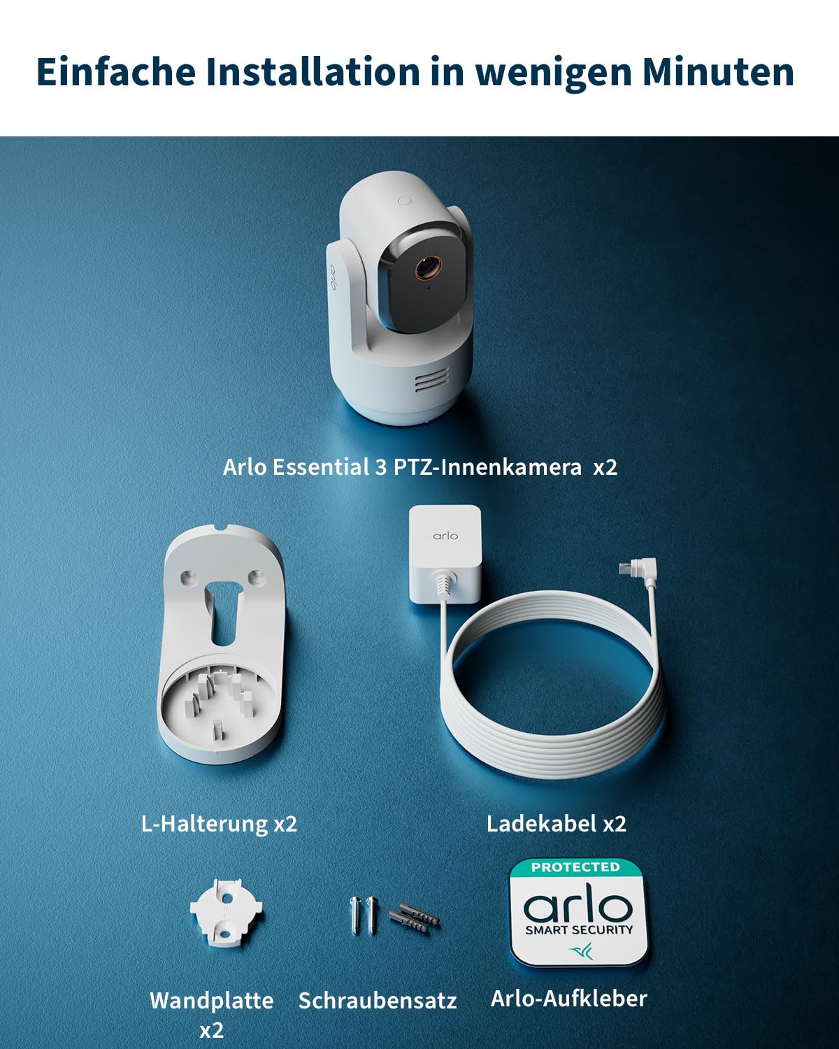 Arlo Indoor 3 HD PTZ Überwachungskamera Innen, 2er Set, Video, 360º Schwenkbar, 2-Wege-Audio, Bewegungsverfolgung, Kabelgebunden, für Babys, Haustiere, Hausüberwachung, mit Secure Plan Testzeitraum