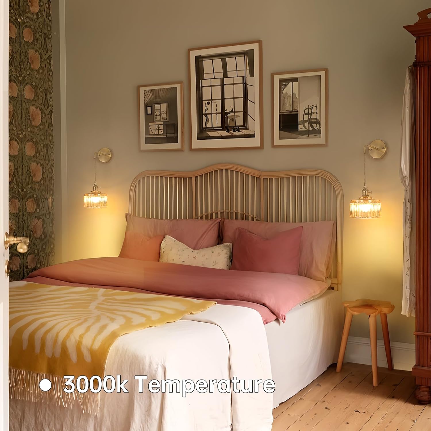 Battery Operated Wall Sconce with Amber Striped Shade Pattern Glass Adjustable Chain Retro Gold Wall Mounted Light, Modern Wall Lamp Fixtures Decor for Bedside Bedroom Indoor Doorway