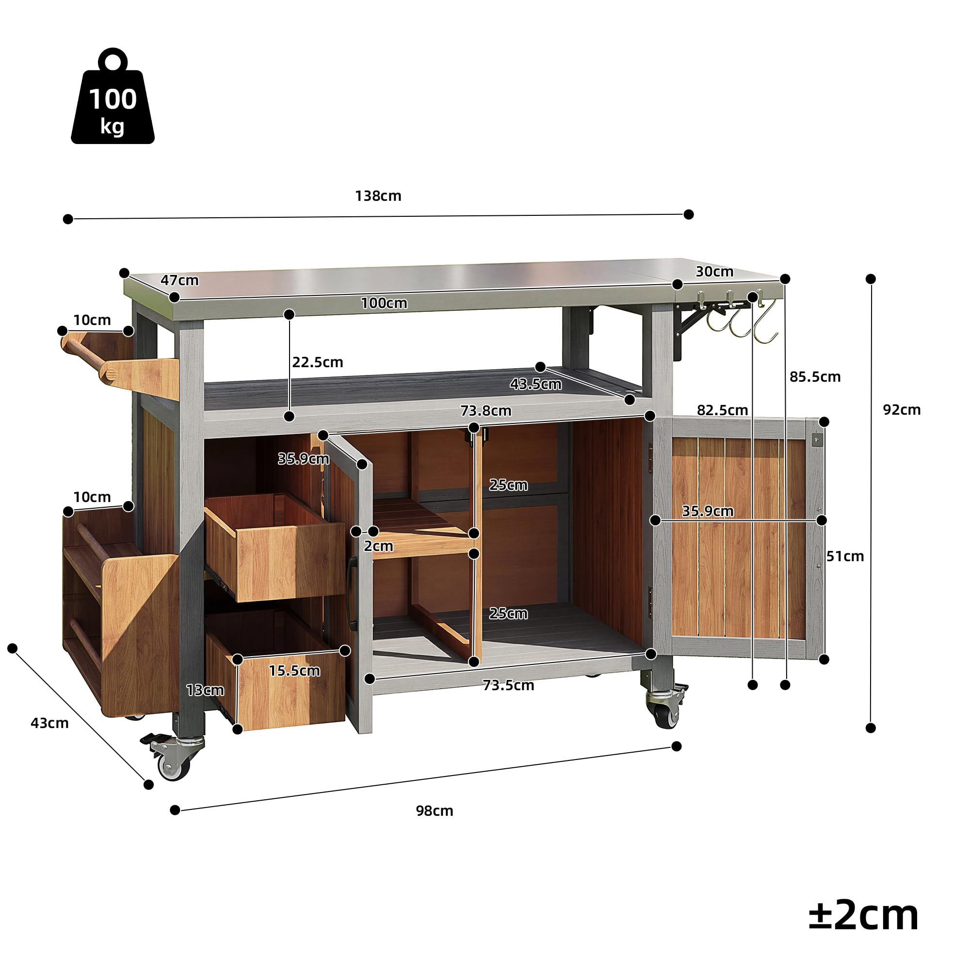 BBQ Beistelltisch, Beweglicher Gartenschrank, wetterfest, Arbeitsplatte aus Edelstahl, Grillwagen, Servierwagen mit ausziehbarer Seitenablage, 3 Haken, Regal für Snacks und Gewürze