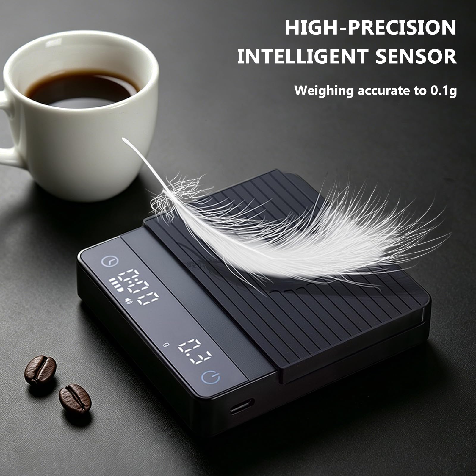 Mini-Kaffeewaage mit Timer, wiederaufladbare Espressowaage mit Schwerkraftsensor, 2 kg/0,1 g, hochpräzise digitale Küchenwaage für Espresso & Übergießen, Schwarz