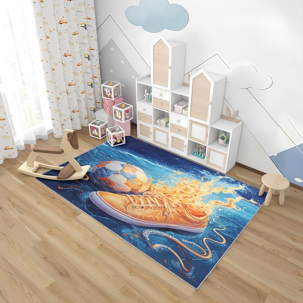 Dywanik antypoślizgowy do salonu, sypialni, 80 x 150 cm, zmywalny, odporny na plamy, niskie runo, chmura, buty do piłki nożnej, płomień, mały dywan, miękki, odporny na blaknięcie, niebieski, do domu