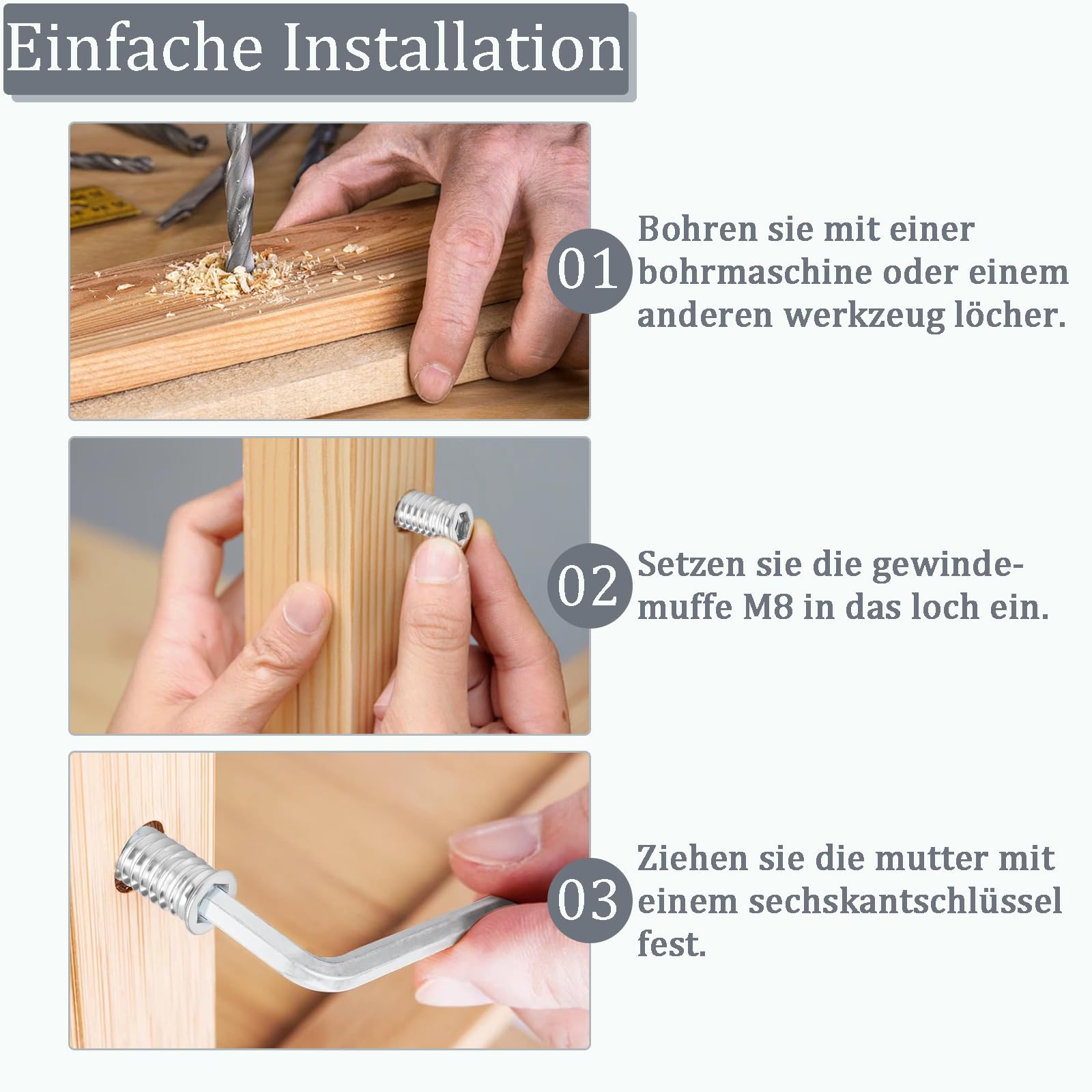 20 dadi di avvitamento M8, M8 x 30 mm, inserto filettato in legno, per mobili in legno