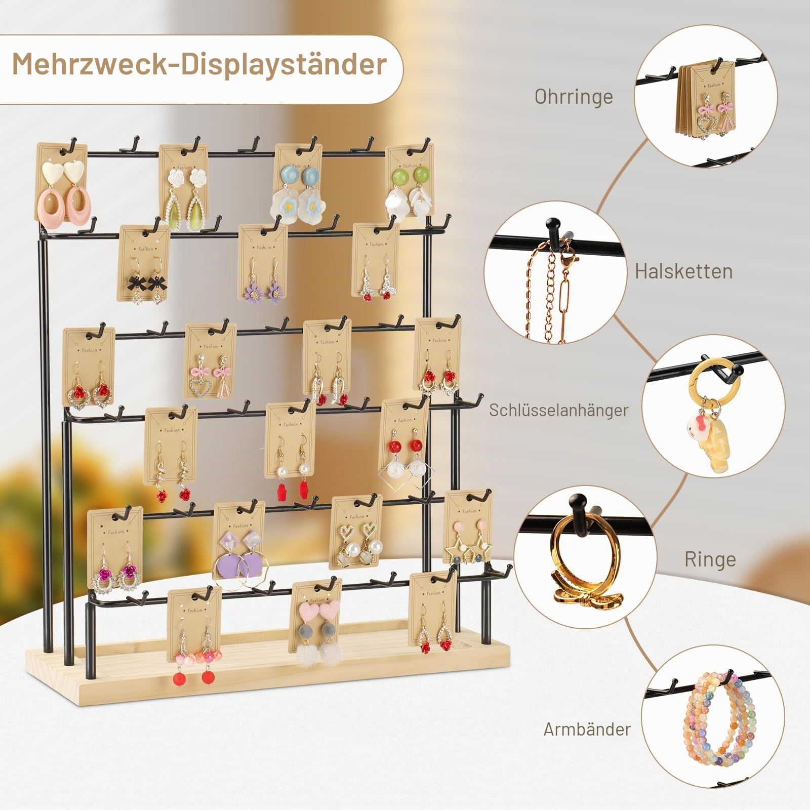 Ohrring-Display für Händler, 6 Etagen, 42 Haken, Holz, Ohrring-Präsentationsständer für Ohrringe, Halsketten, Ringe, Armbänder, Schlüsselanhänger (Schwarz)