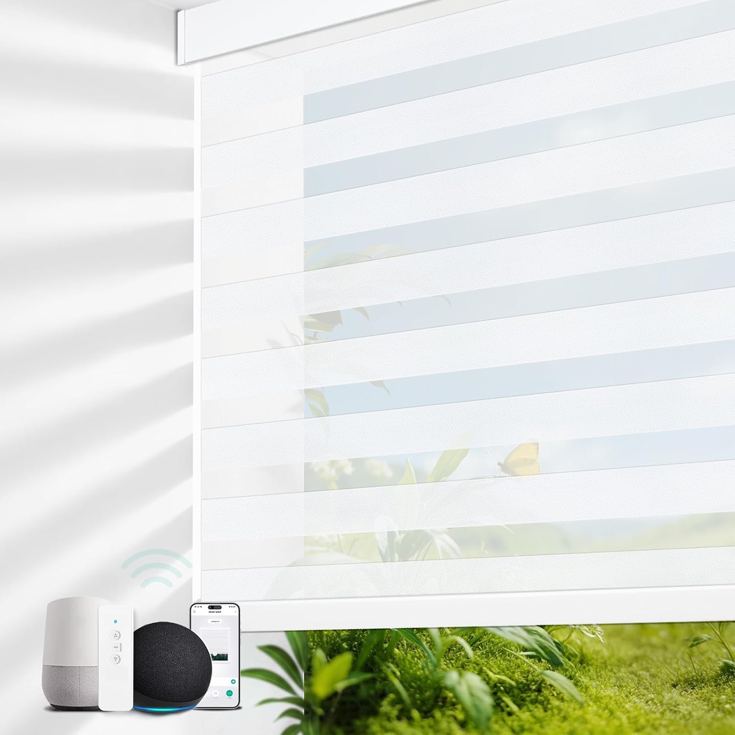 Motorized Blinds with Remote, 95% Blackout Smart Electric Zebra Shades, Built-in Rechargeable Tubular Motor Automatic Blinds for Window Compatible with Alexa Google (Luxurious White, 34" W x 72" H)