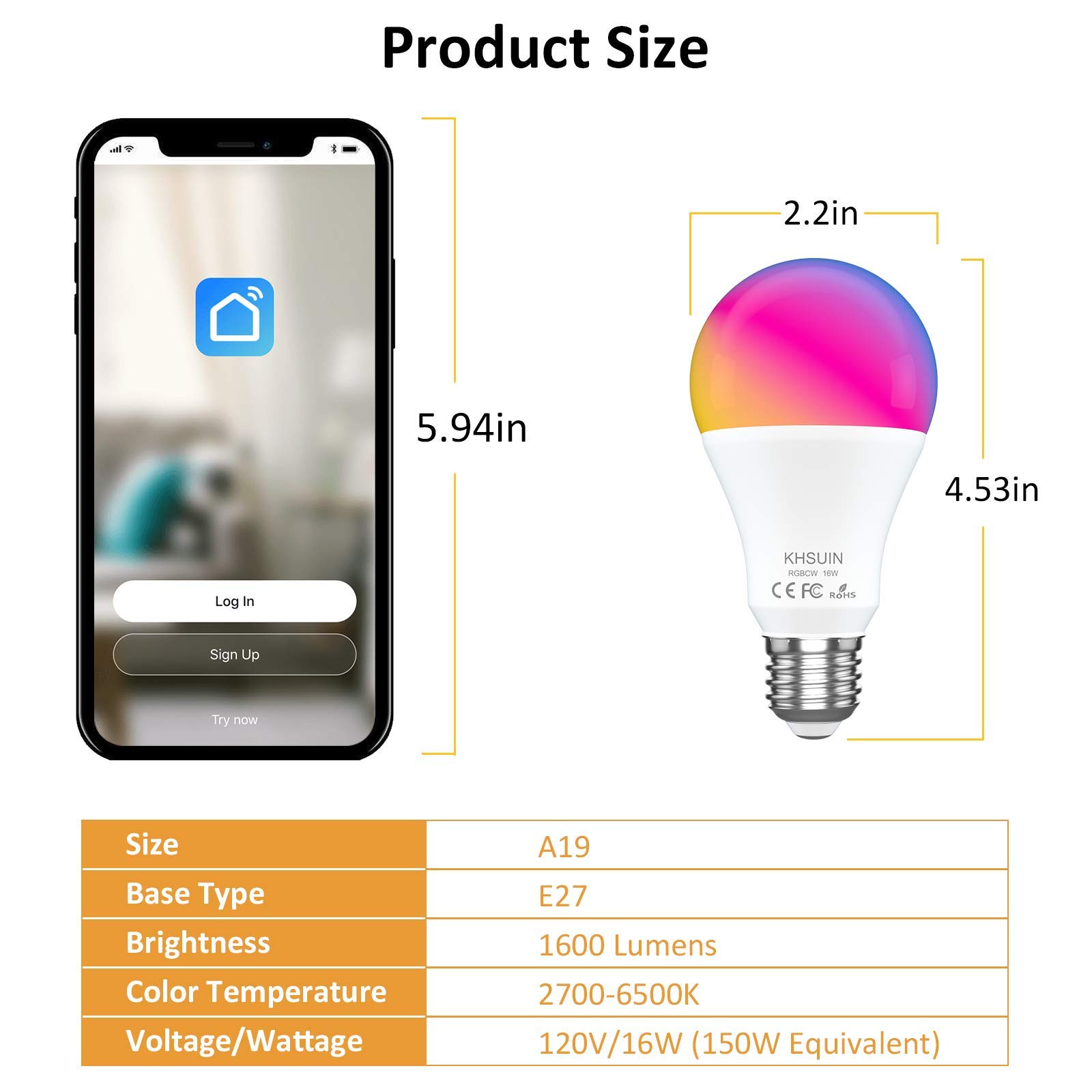 Smart Light Bulbs,16W(150W Equivalent) 1600Lumen Ultra Bright E26 A19 Led Full Color Changing WiFi Light Bulb,Smart Bulbs Work with Alexa,Google(No Hub Required),Alexa Light Bulbs,4 Pack