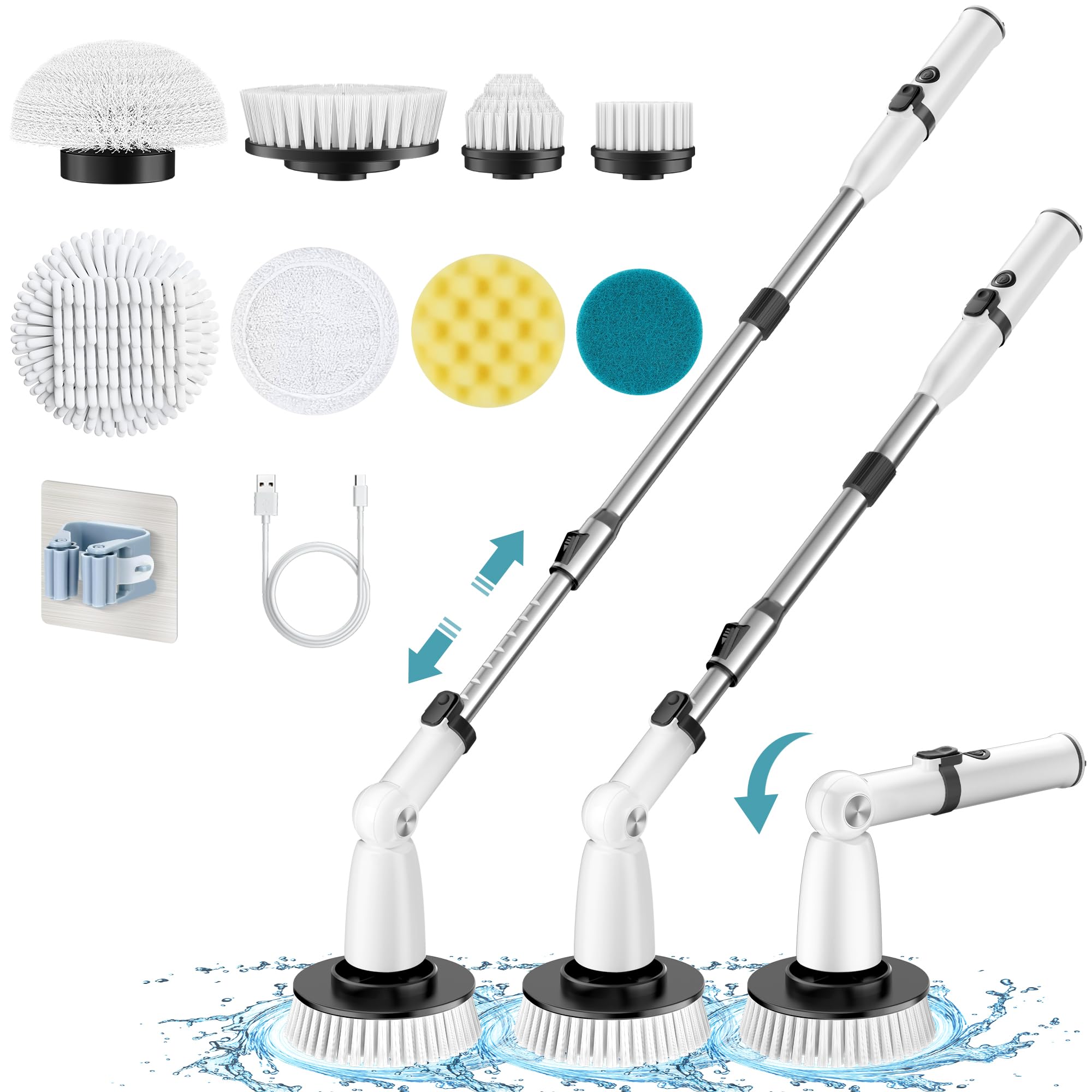 Electric Spin Scrubber, 2024 New Cordless Shower Scrubber with 8 Replaceable Brush Heads, 2.5H Bathroom Scrubber Dual Speed, Shower Cleaner Brush with Extension Arm for Bathtub Tile Floor