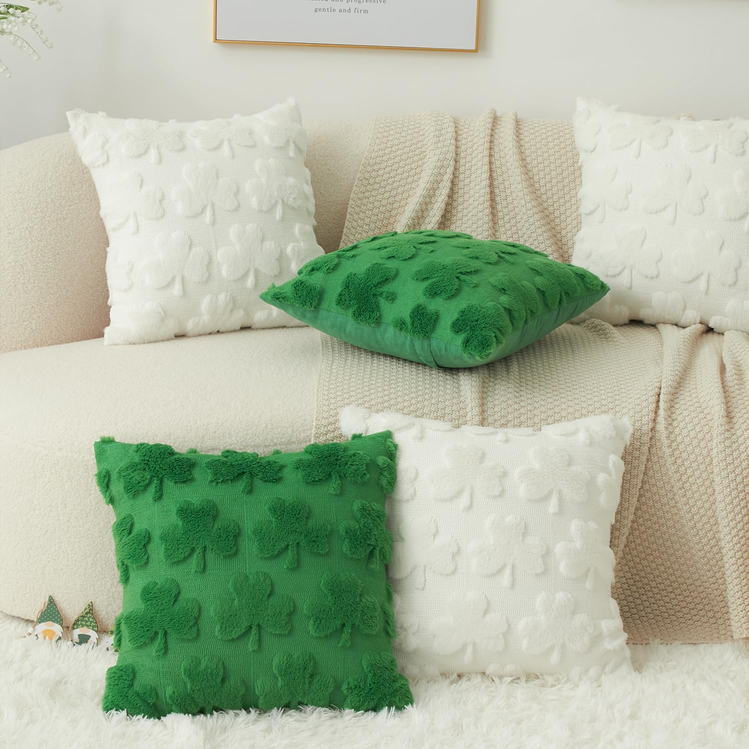Kevin Textile St. Patrick's Day Pillow Covers 18 x 18 Inch Pack of 2 Soft Faux Fur Cream Shamrock Decorative Lucky Clover Throw Pillowcase for Spring Home Bed Sofa Couch Cream White - Image 5