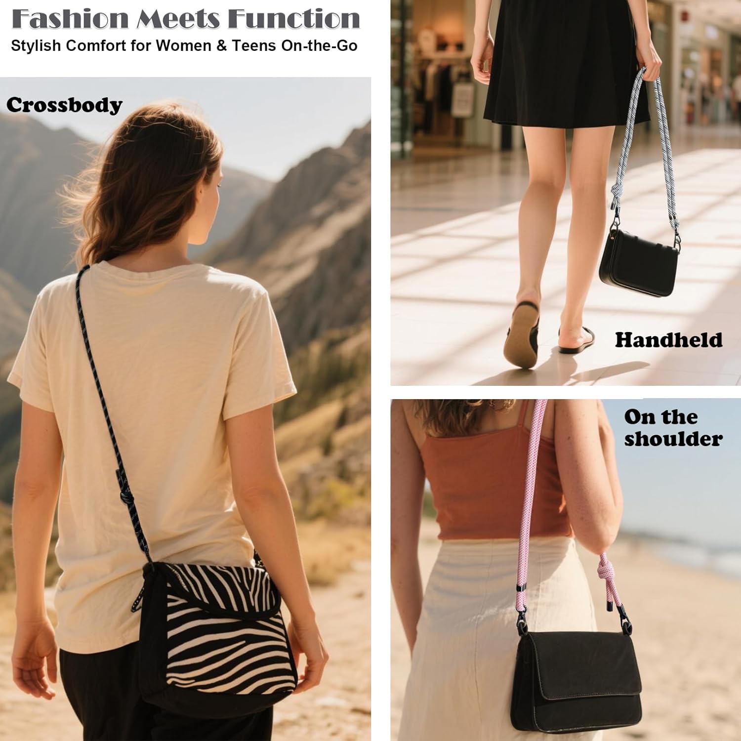 Purse Straps Replacement Crossbody, Paracord Rope Hand Woven Purse Strap with Gold Bag Extender Chain for Long Champ Mini Handbag Adjustable Bag Shoulder Strap for Women,Teens（Gray - Image 5