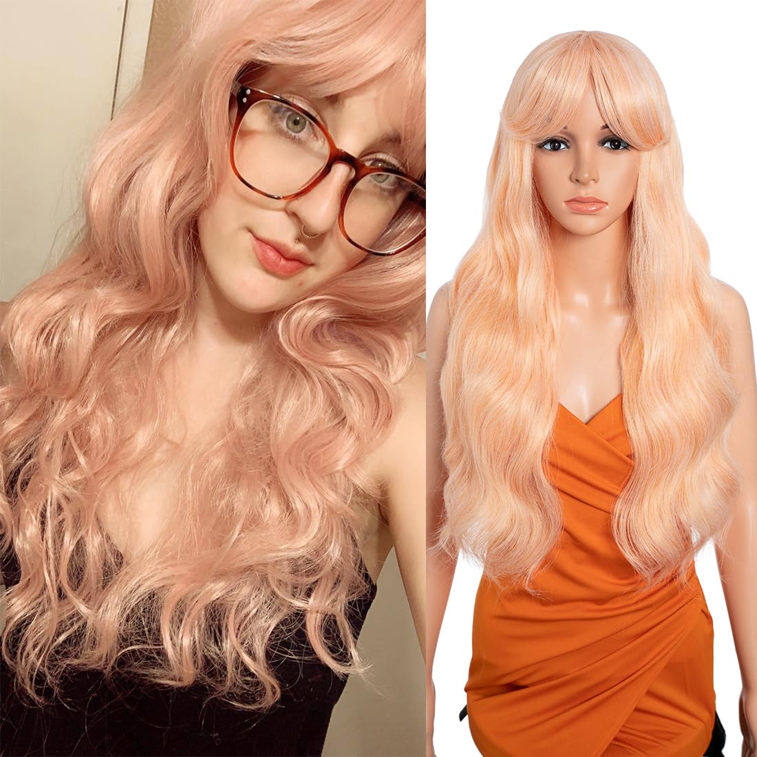 26 Inch Long Wavy Wigs for Women Black Wig with Bangs Ombre Brown Wig with Dark Roots Long Layered Wig Heat Resistant Synthetic Wig Natural Looking Wigs for Daily Party Use(TFC22)