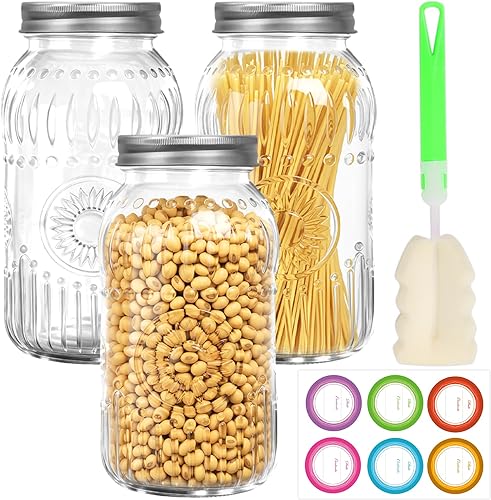 Tarros de vidrio de 64 onzas de boca ancha con tapas herméticas y bandas, paquete de 3 con diseño de girasol, tarros grandes de medio galón para