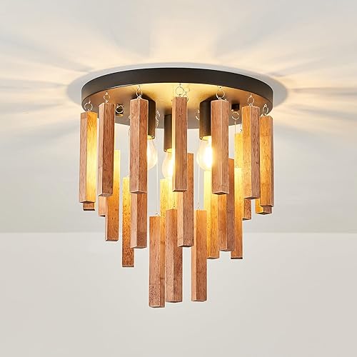 Miniatura 9 de MOUJOE Lámpara de techo de montaje empotrado de 7 luces lámpara de techo Rero de madera rústica roble y negro con E26 para granja cocina entrada