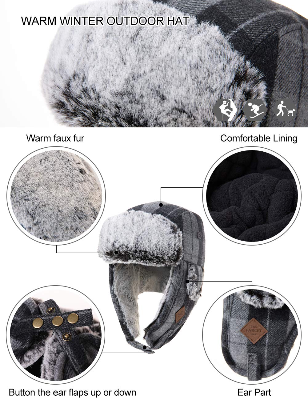 Fancet Gorro de aviador unisex de invierno suave con pelo sintético resistente al viento 89079_rojo S/M