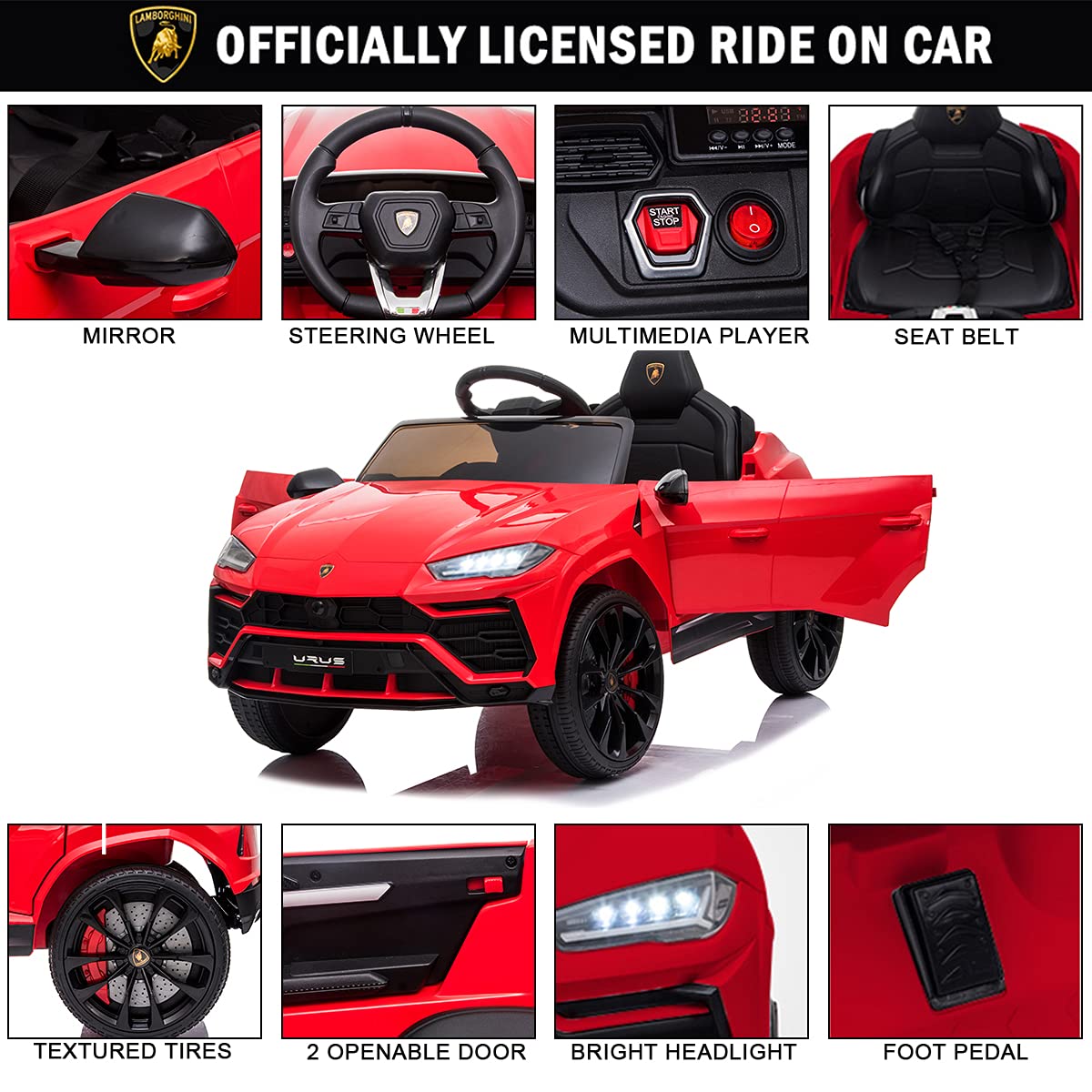 Licensed Lamborghini Urus 12V Electric Ride On Car with Remote Control, Horn, Radio, Music, Spring Suspension, Opening Door & LED Lights, Kids Electric Car Truck Vehicle, Red