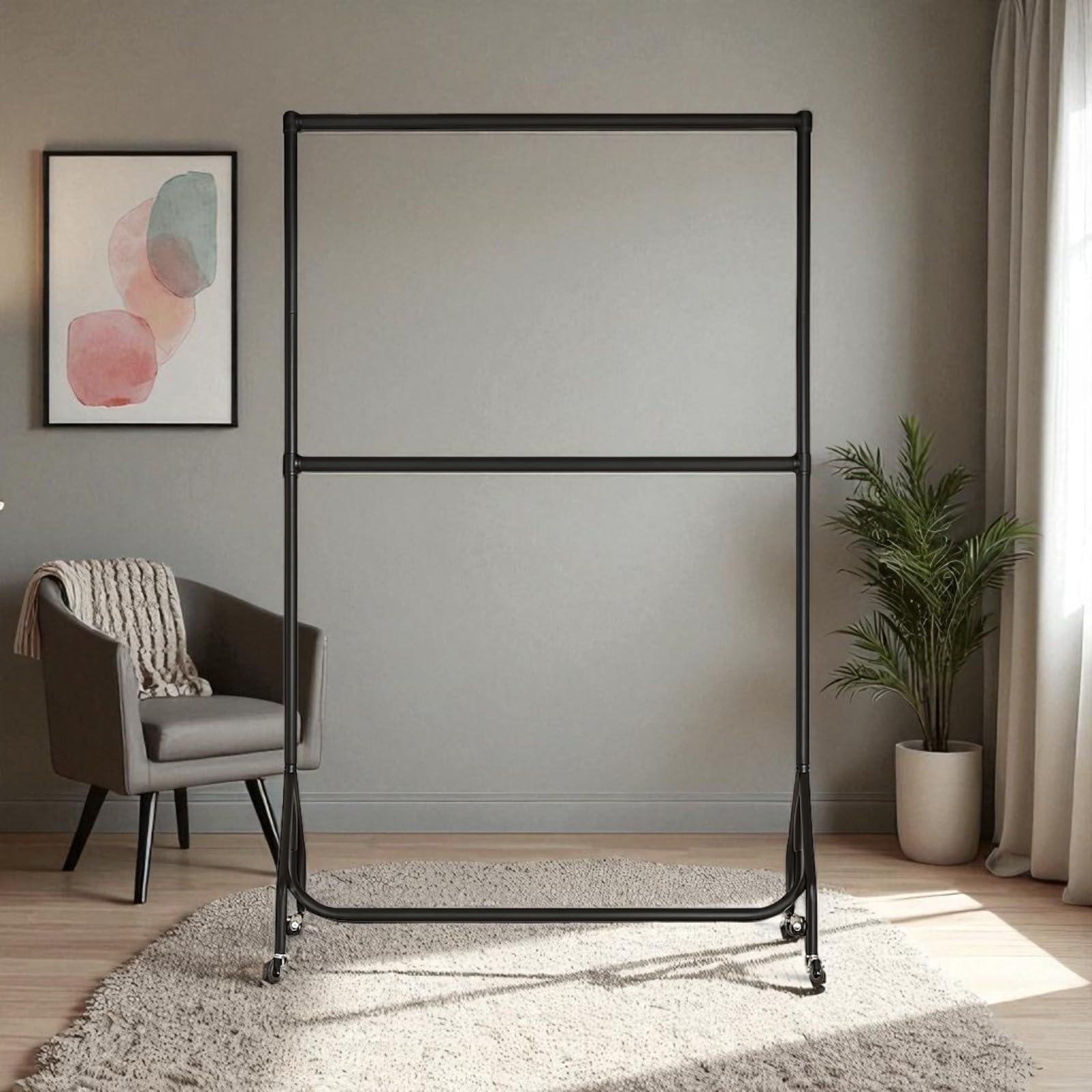 Shoplines Supplies Black With Centre Bar 3Ft Wide X 5Ft High Two-Tier Heavy Duty Clothes Rail With Adjustable Centre Bar, Black Steel Garment Rack, 150Kg Capacity, Castor Wheels, Commercial Clothing Display Rail