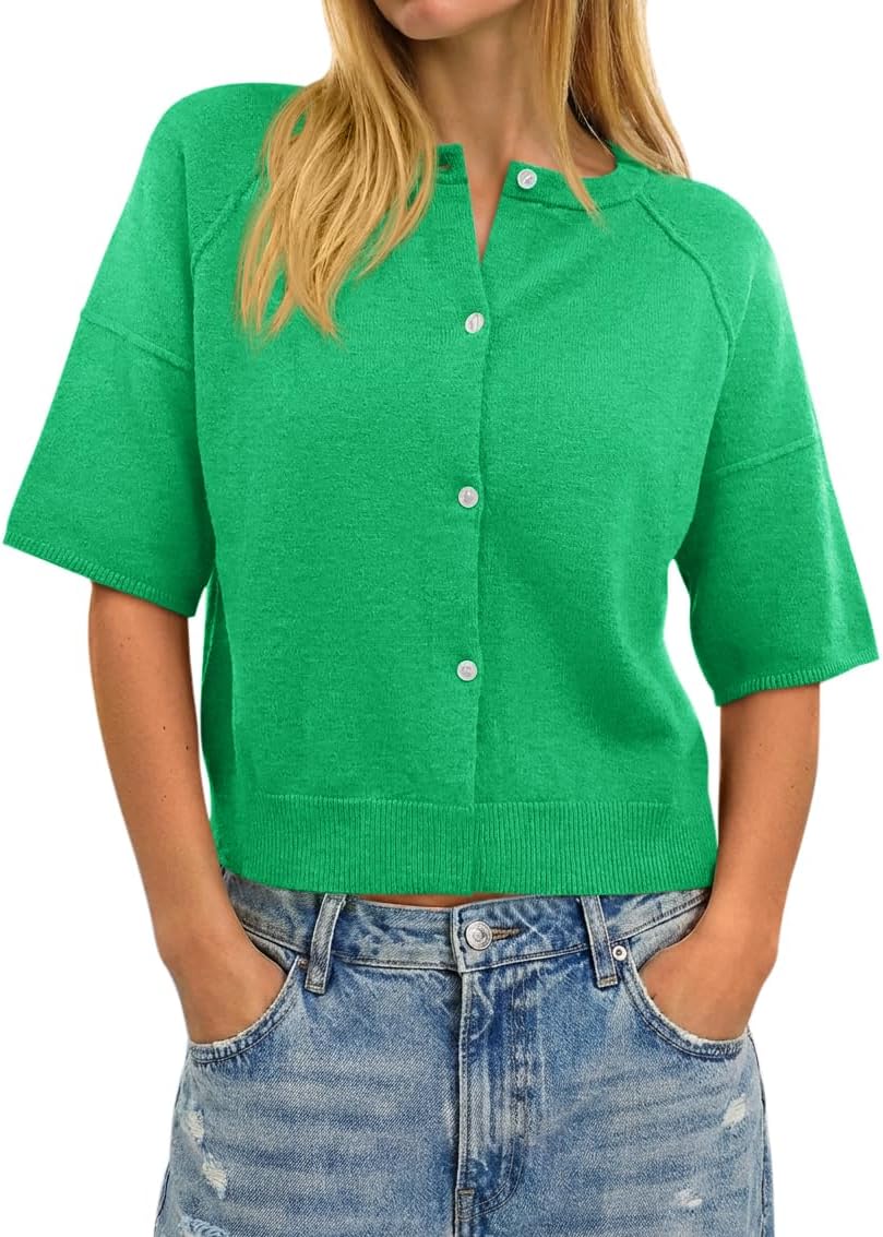 Cicy Bell Womens Short Sleeve Sweater Cardigan Casual Button Down Lightweight Cropped Ribbed Knit Tops