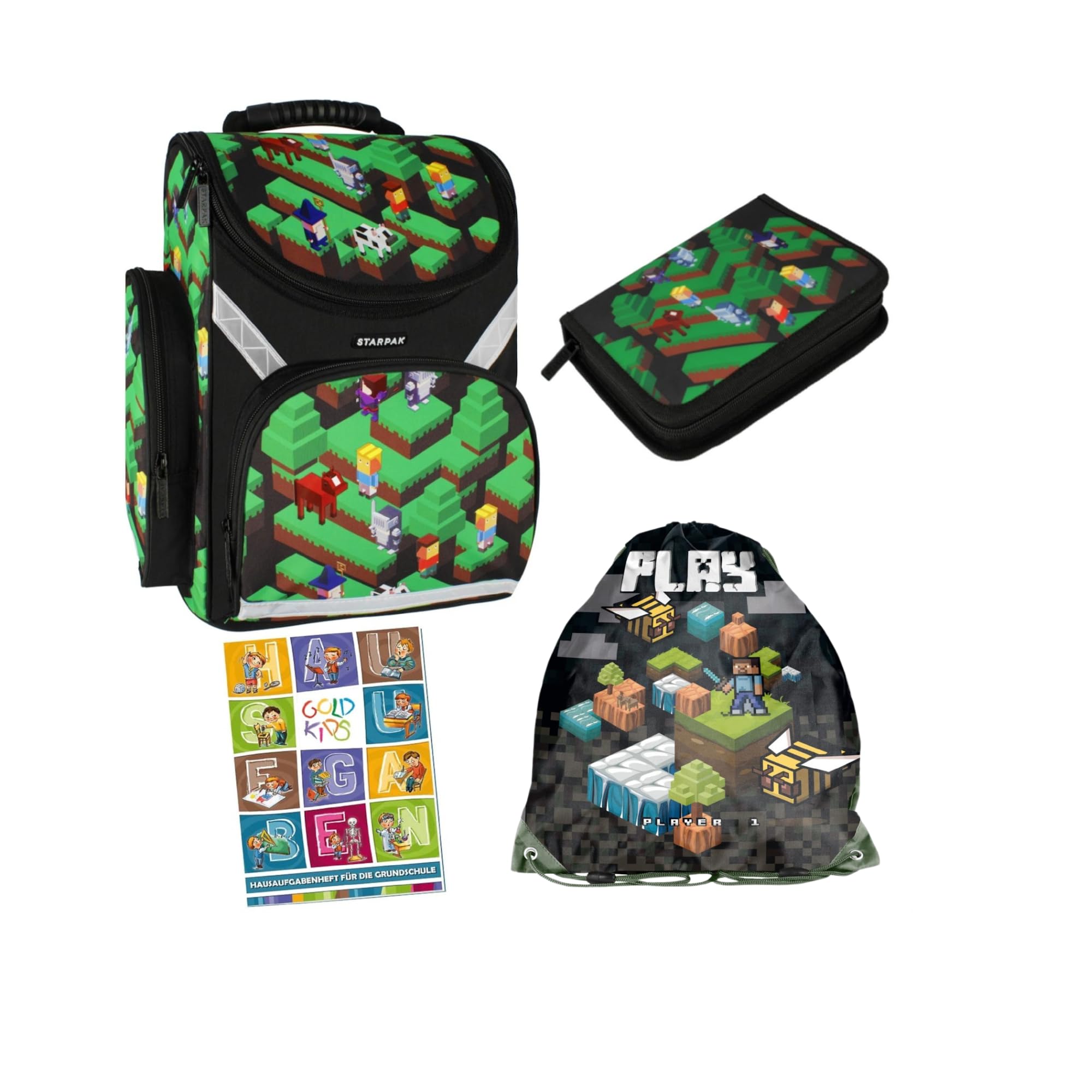PASO - Schulranzen für Jungen und Mädchen, 4er-Set - Schul-Rucksack für Kinder mit Federmäppchen - Schuhbeutel und Hausaufgabenheft- Game Motiv