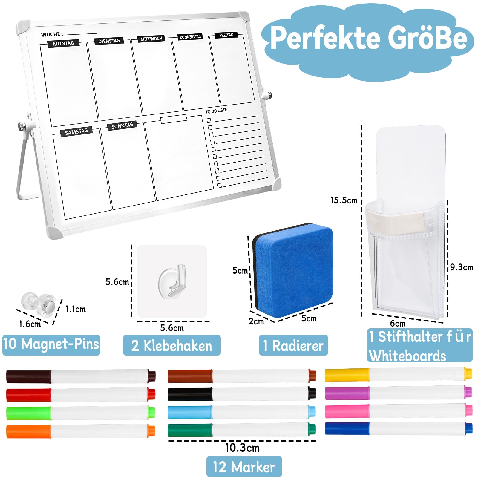 Doppelseitiger Wochen Monatsplaner 30 x 40 cm, Magnetisches Whiteboard Abwischbar mit Tischständer, 12 Markern, Transparenten Magnet-Pins, Radierer und Klebehaken für Küche, Büro Zuhause