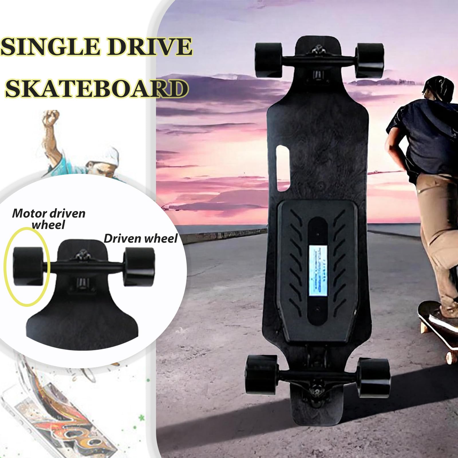 Longboard électrique pour Adultes avec Télécommande, Longboard Urbain Complet, Vitesse Maximale de 25 km/h et Autonomie de 15 km, 4 Vitesses, Compatible avec Les Mountainboards C