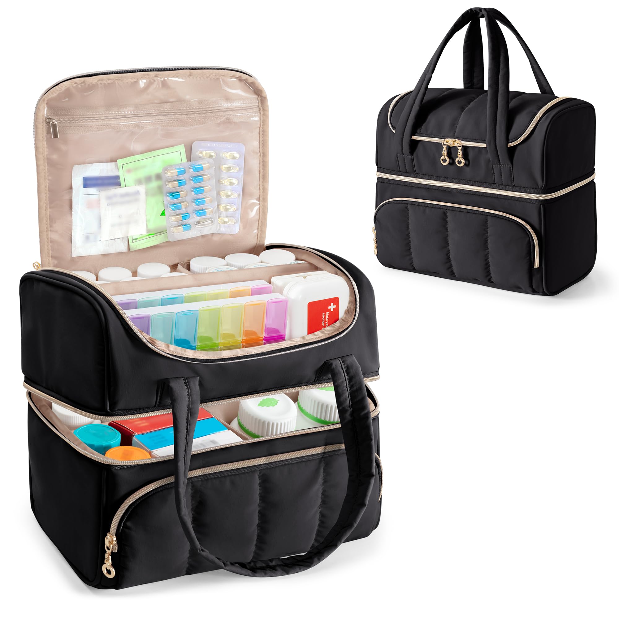 Damero Botiquin de Primeros Auxilios de Doble Capa, Negro (Solo Bolsa) | Bolsa Médica con Cierre de Seguridad y Divisores Extraíbles, Botiquin Viaje para Medicamentos o Suplementos Médicos