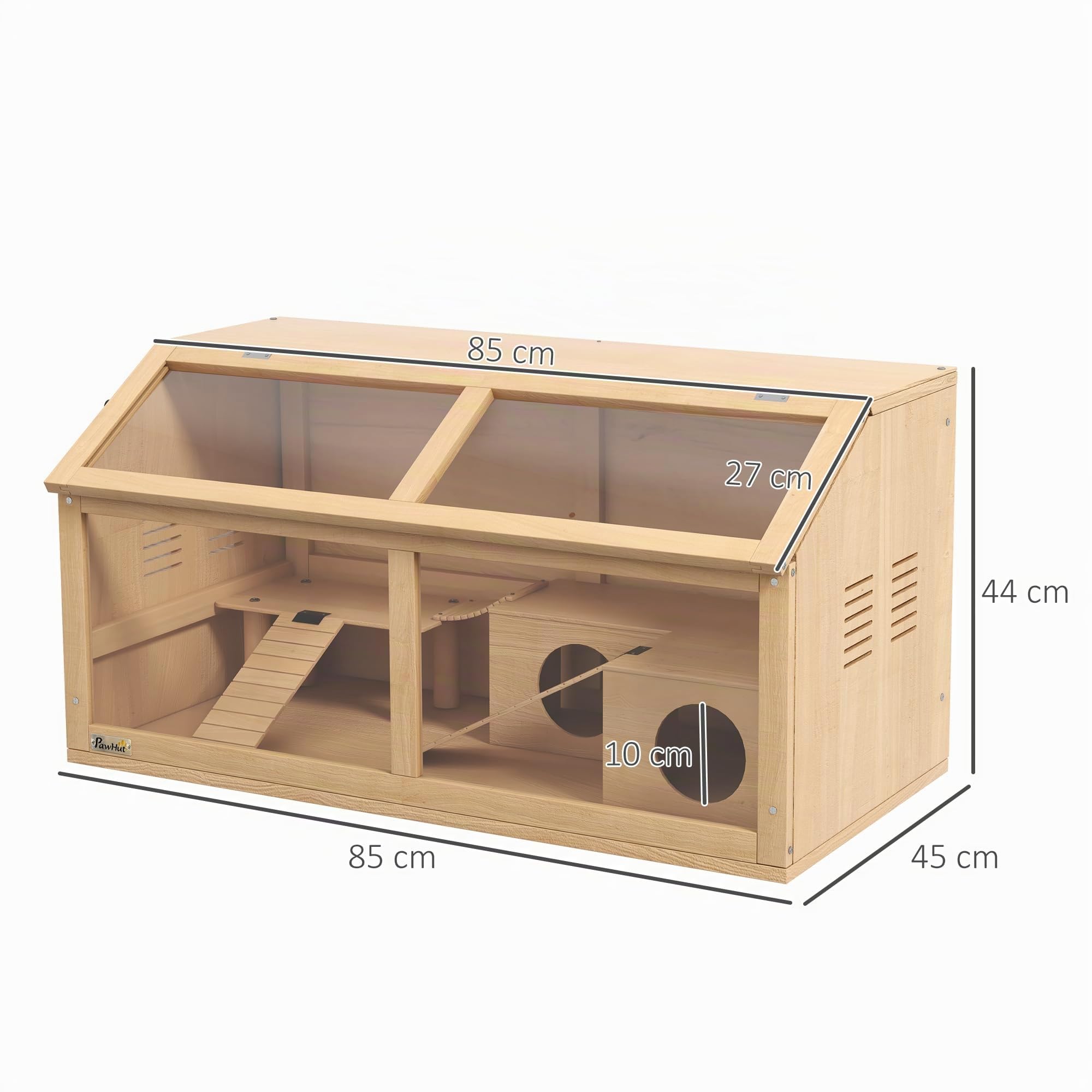PawHut Cage Hamster en Bois avec Acrylique, 85x45x44cm - Habitat Grand pour Rongeur avec Ventilation, Couvercle ouvrant et Accessoires - Terrarium pour gerbilles et Souris, Effet Bois Naturel