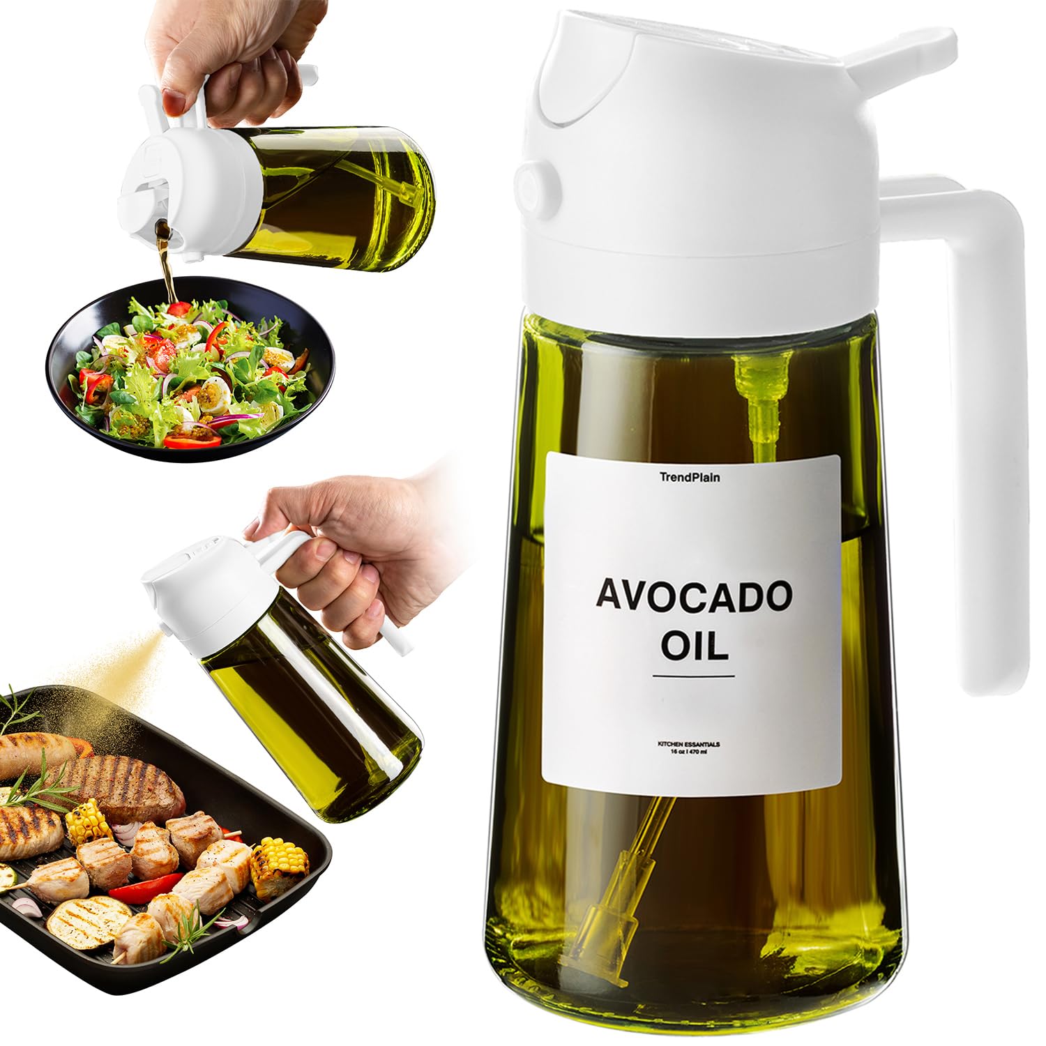 TrendPlain - Original 16oz/470ml Olive Oil Dispenser Bottle for Kitchen Gadgets and Air Fryer Accessories - Olive Oil Sprayer for Cooking w/Stickers - White