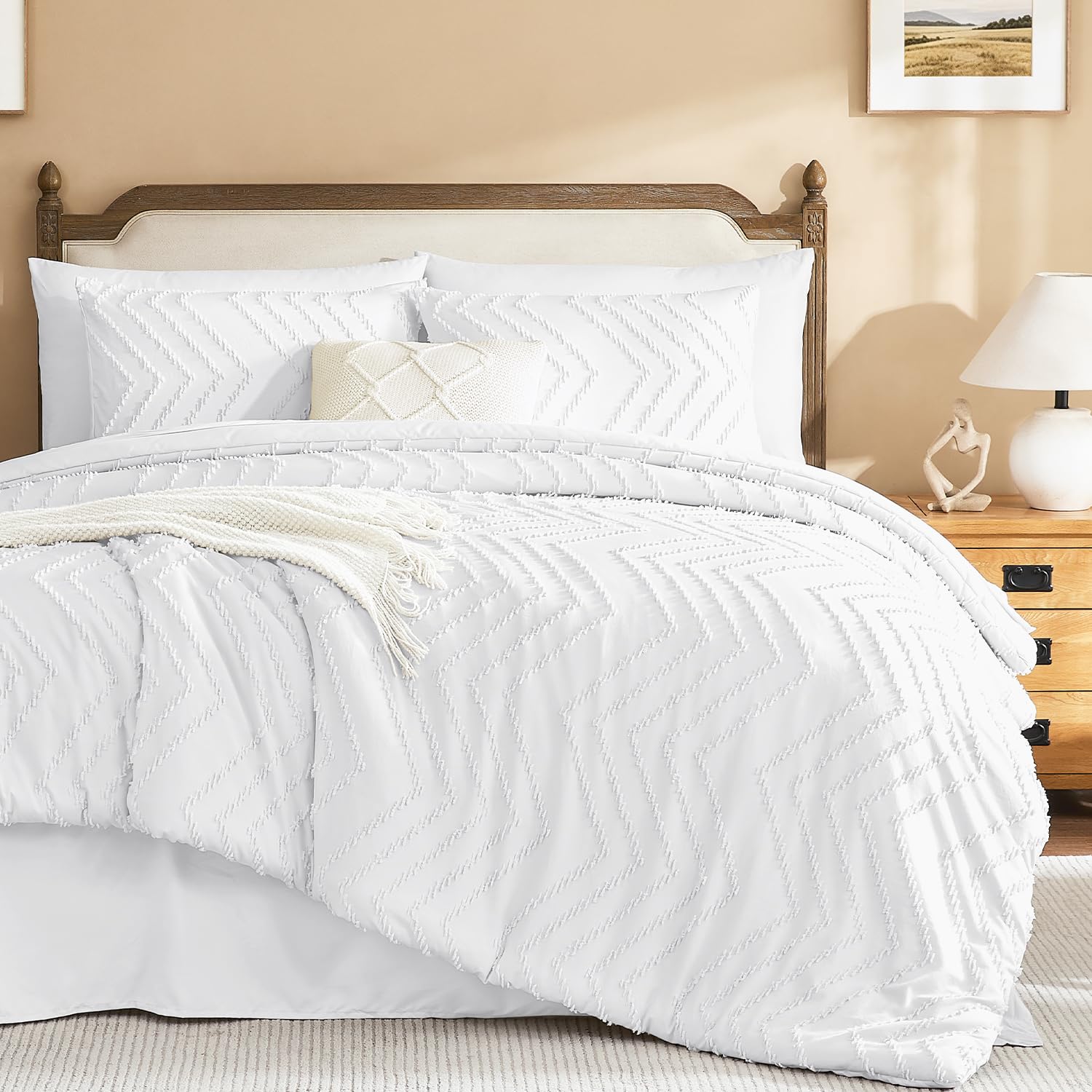Litanika White Queen Comforter Set with Sheets, 7 Pieces Boho Bed in a Bag