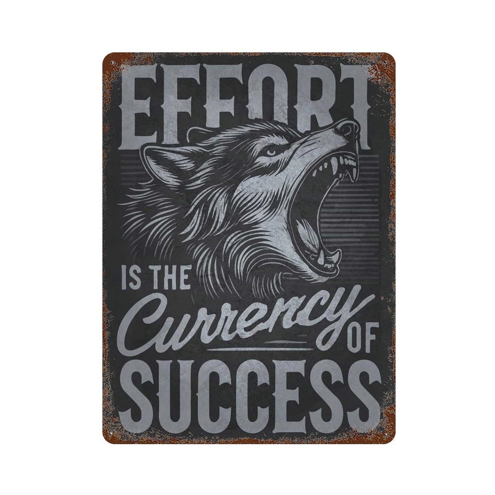 Effort Success Wolf Hustle 15.7"x11.8" Distressed Metal Wall Sign, Shabby Chic Decor for Shed, Workshop And Garage Wall Decor