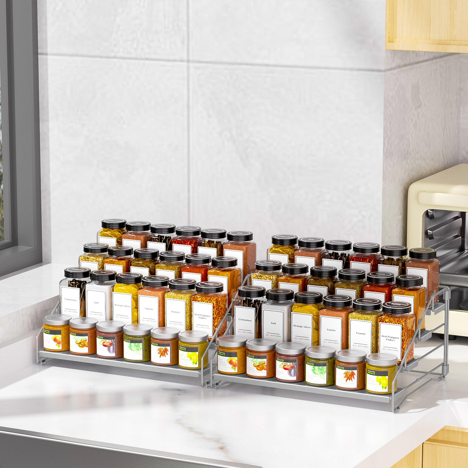 Especiero De 4 Niveles Para El Interior Del Armario, Especieros Para Cocina, Profundidad Ajustable Estante Cocina Para Mostrador, Armario, Despensa Gris (Pack de 2)
