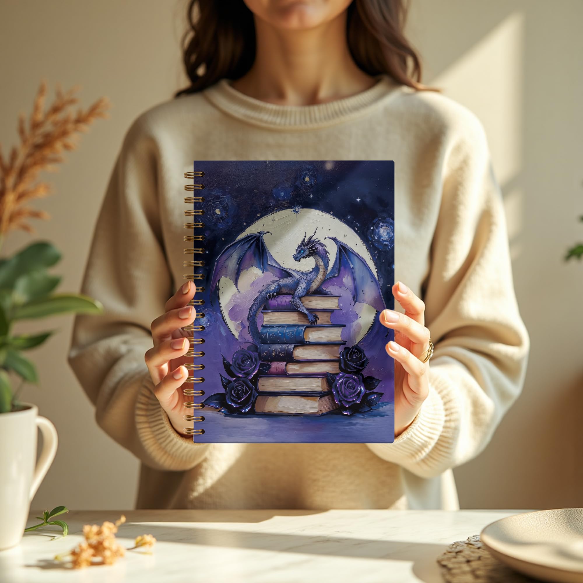 Purple Floral Dragon Books Notizbuch, Lese-Tagebücher für Buchliebhaber, Bücherwurm-Leser, Geschenke, magisches Fantasie-Buchbuch, Spiralbuch, 14 x 21 cm