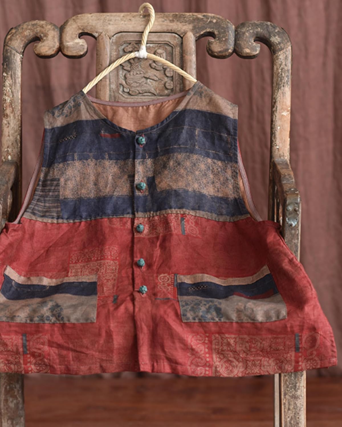Women's Vintage Printed Patchwork Linen Short Vest Chinese Plate Button Casual Lapel Sleeveless Cardigan Waistcoat