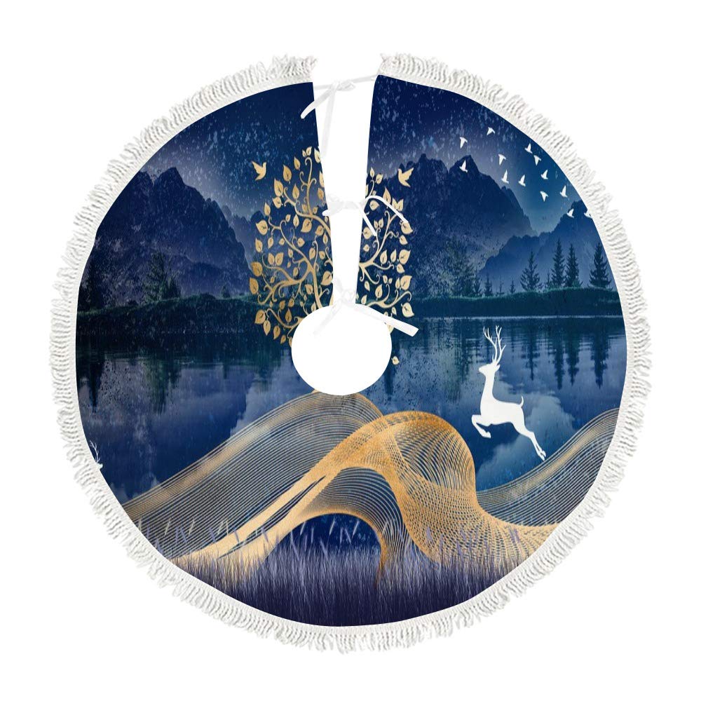 Tapis de sapin de Noël avec cerf doré pour habiller le salon pendant les fêtes