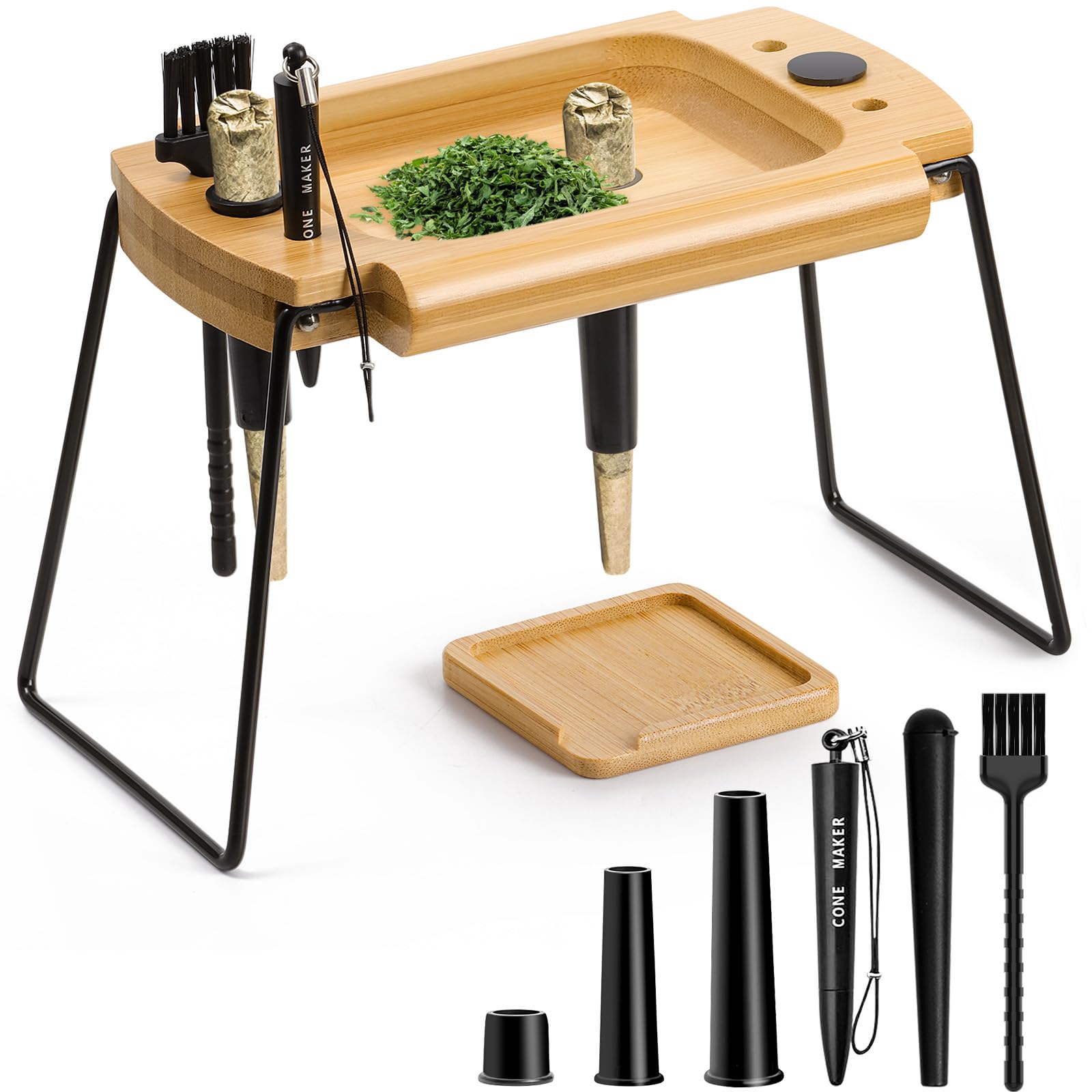 Foldable Wooden Rolling Tray Set with Cone Loader, Cone Filler - Rolling Tray with Cones Loader, Complete Rolling Tray Kit with Smell Proof Tube & Pre-Roll Machine(Brown-Single Hole)