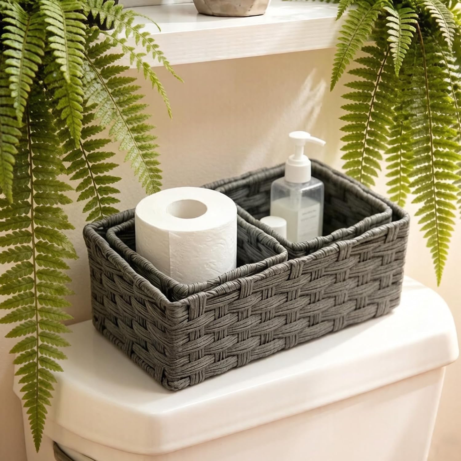 Toilet Paper Storage Basket with Nesting Feature Bathroom Counter Organizer Woven Plastic Wicker Baskets for Organizing Cute Basket for Apartment Bedroom Nursery Room Kitchen Bathroom Decor - Set of 3