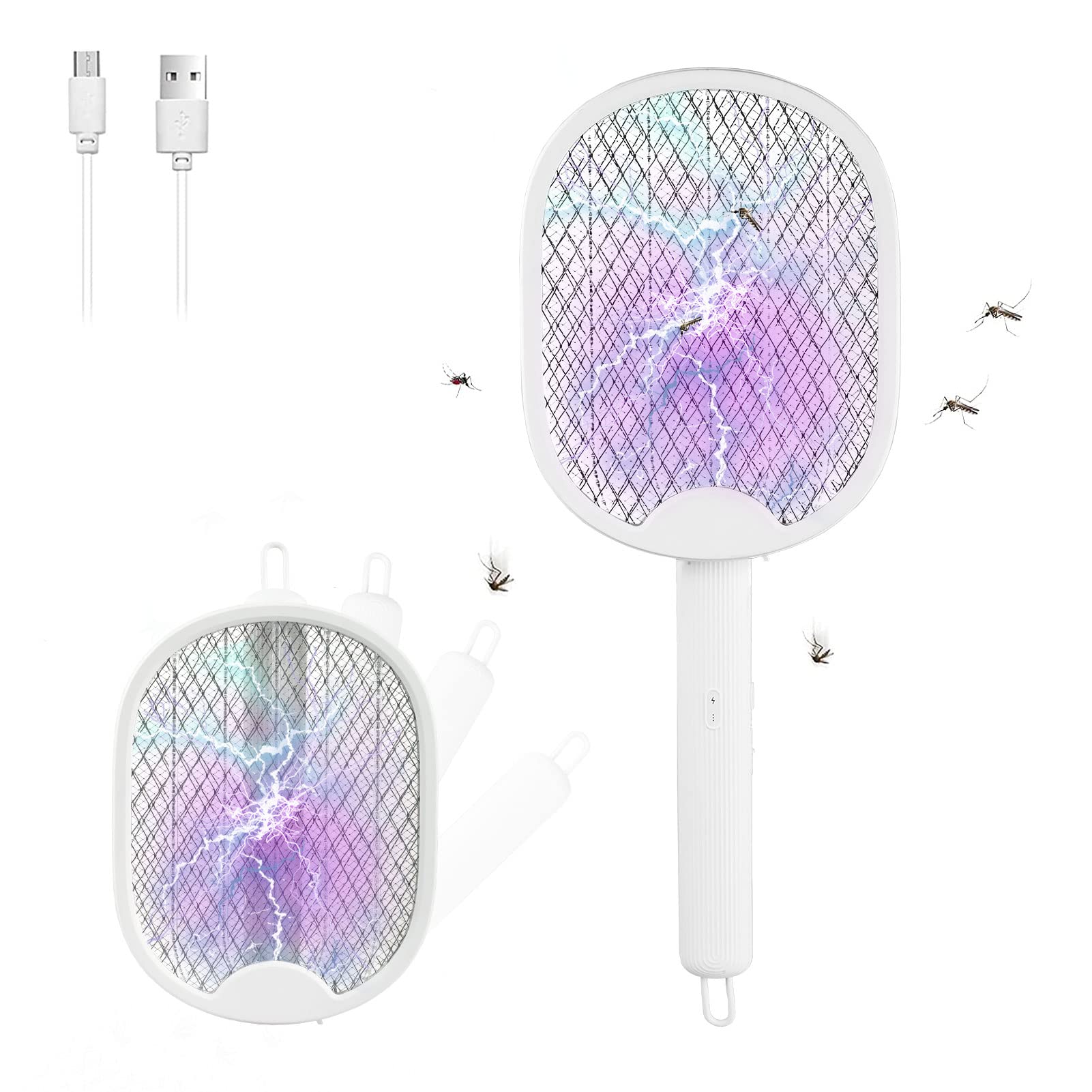 Electric Fly Swatter 3000V Fly Racket Foldable Fly Zapper USB-Charging Bug Zapper, Extra Powerful for Mosquitoes Insects Pests with UV/LED Light 2 Protective Screens, Large Size,White Large Size-D