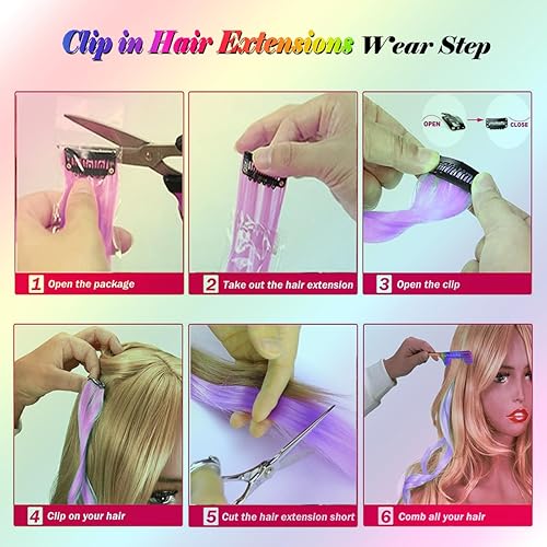 Miniatura 4 de 24 extensiones de cabello con clip de color, 22 pulgadas de largo, lacio, sintético, multicolor, resaltado para fiestas, para mujeres, niños y niñas