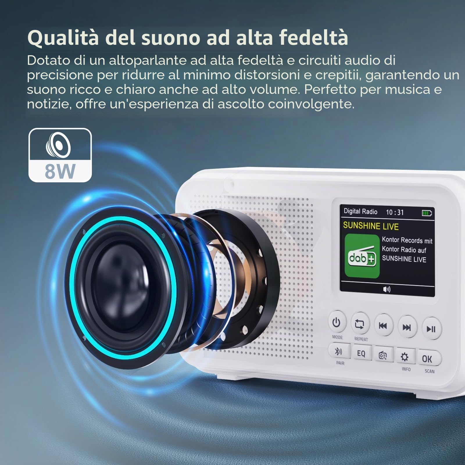 ROCAM Radio Portatile DAB/DAB+/FM con Bluetooth 5.0 &Altoparlante Hi-Fi, 3000mAh Batteria Ricaricabile, 2,4"Display, Doppia Sveglia,40 DAB/FM Stazioni Preimpostate,12 Lingue, TF Slot per Scheda,Bianco