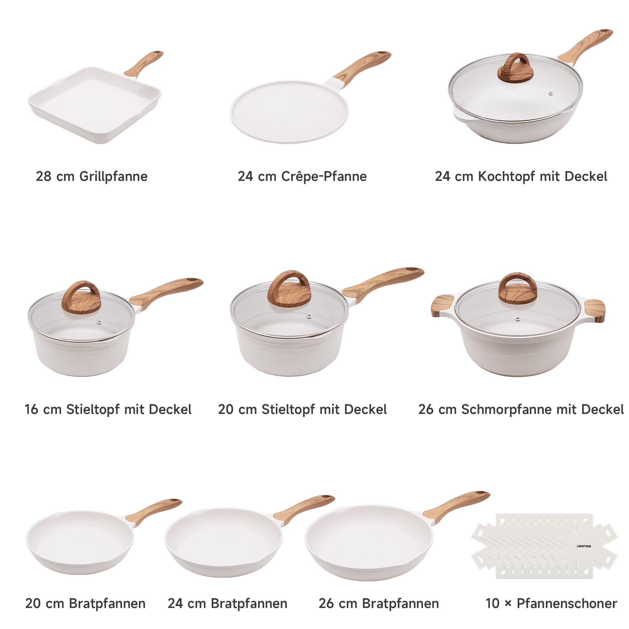 JEETEE Topf- und Pfannenset 23-teilig Beige, Antihaft Topfset für Induktion, mit Glasdeckeln, Kochtopf, Bratpfannen, Schmorpfanne, Crêpe-Pfanne und Grillpfanne