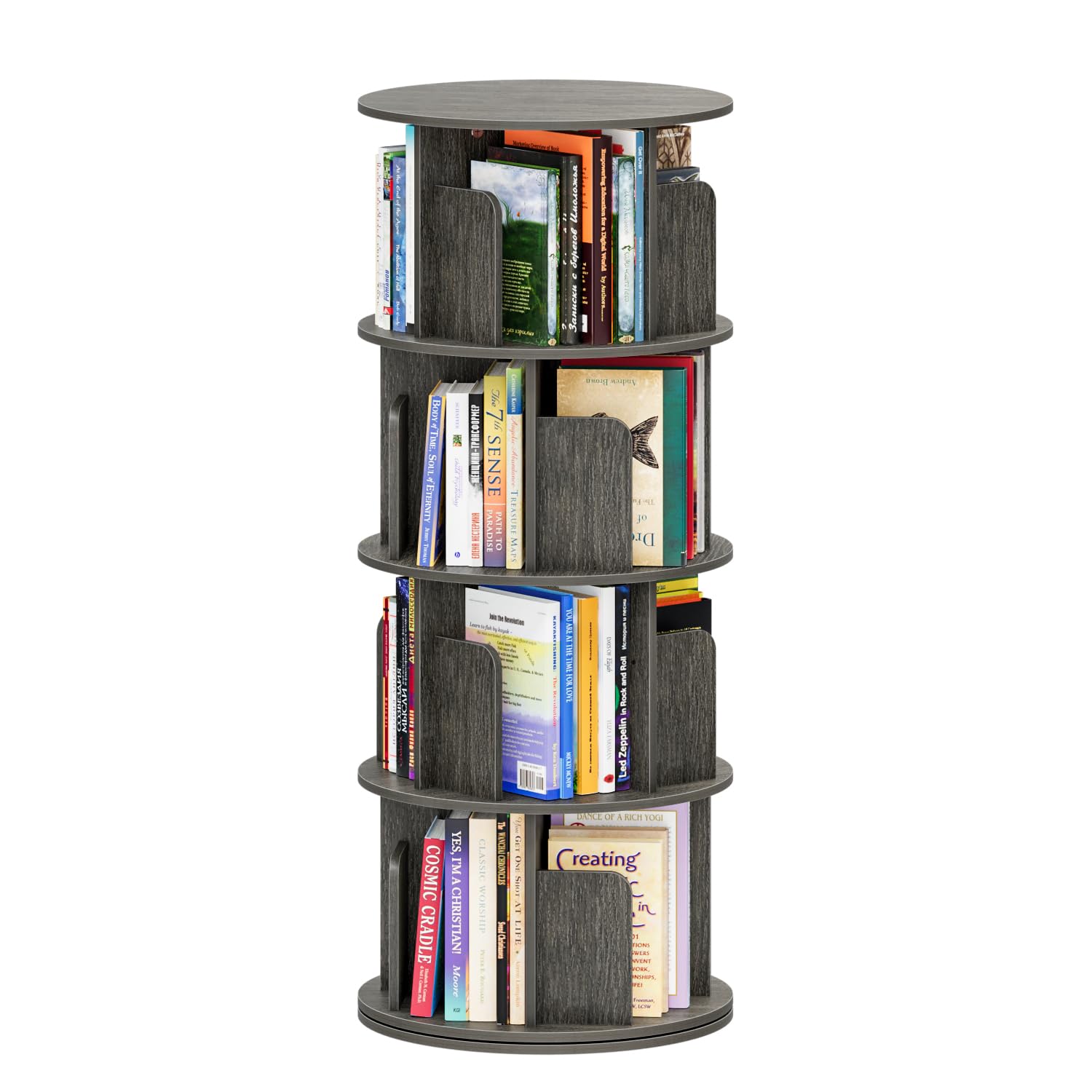 APPOLYN 4 Tier Rotating Bookshelf, 360 Display Spinning Bookcase, Swivel Free Standing Book Shelf, Round Revolving Corner Shelf for Living Room Home Office Bedroom, Black Oak