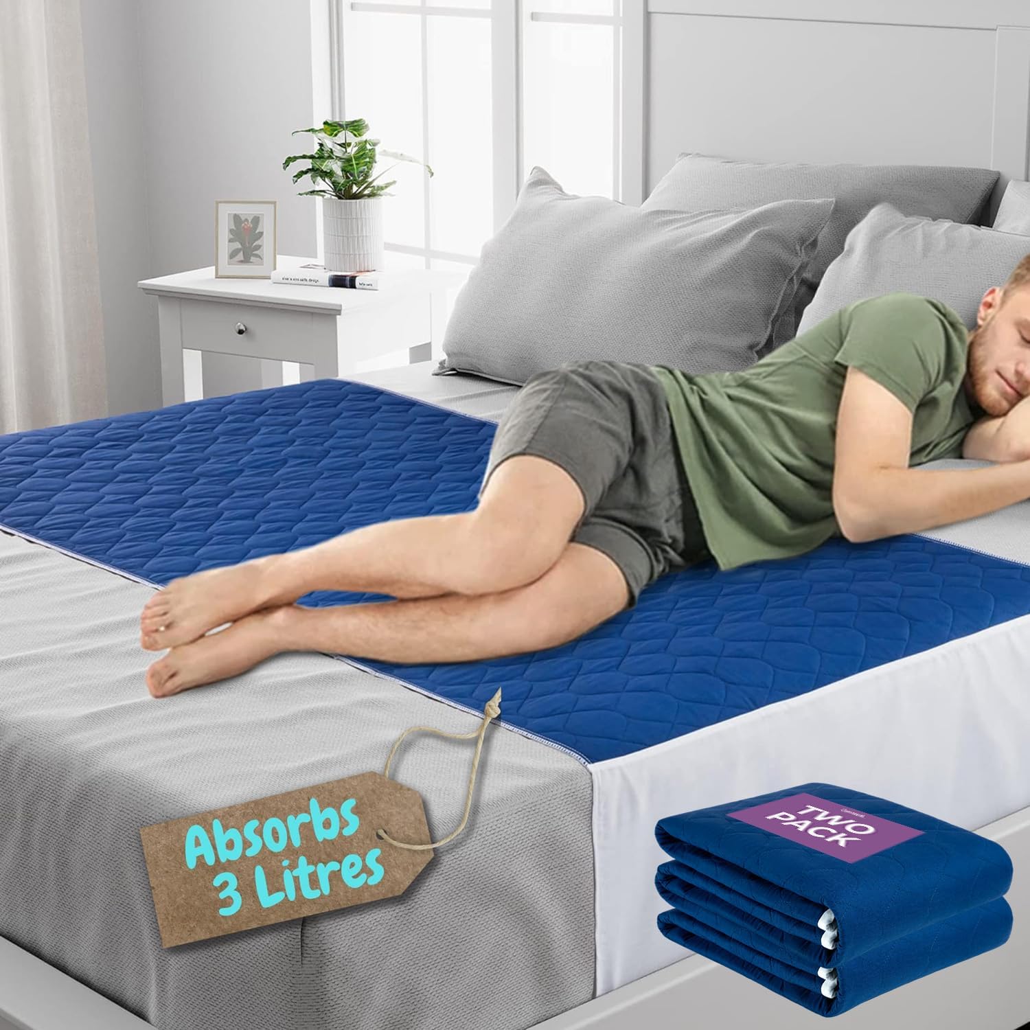 Lynmark Washable Bed Protector/Pad with Tucks - Kingsize Pack of 2 | Anti Stain Navy Sheet, OekoTex Certified, Best Used for Incontinence & bed wetting | Waterproof mattress cover Absorbs up to 3L, ®