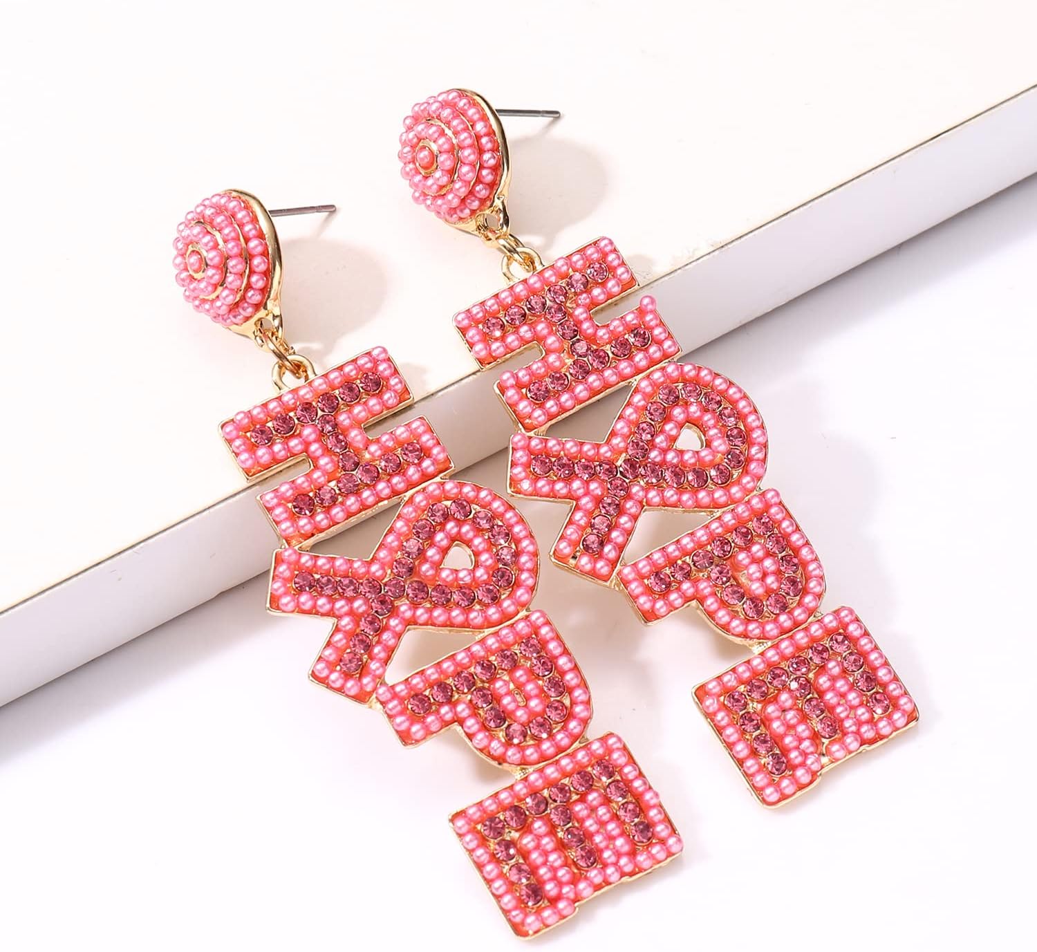 Beaded Breast Cancer Awareness Earrings Rhinestone Hope Pink Ribbon Earrings Survivor Warrior Dangle Earrings for Women - Image 2