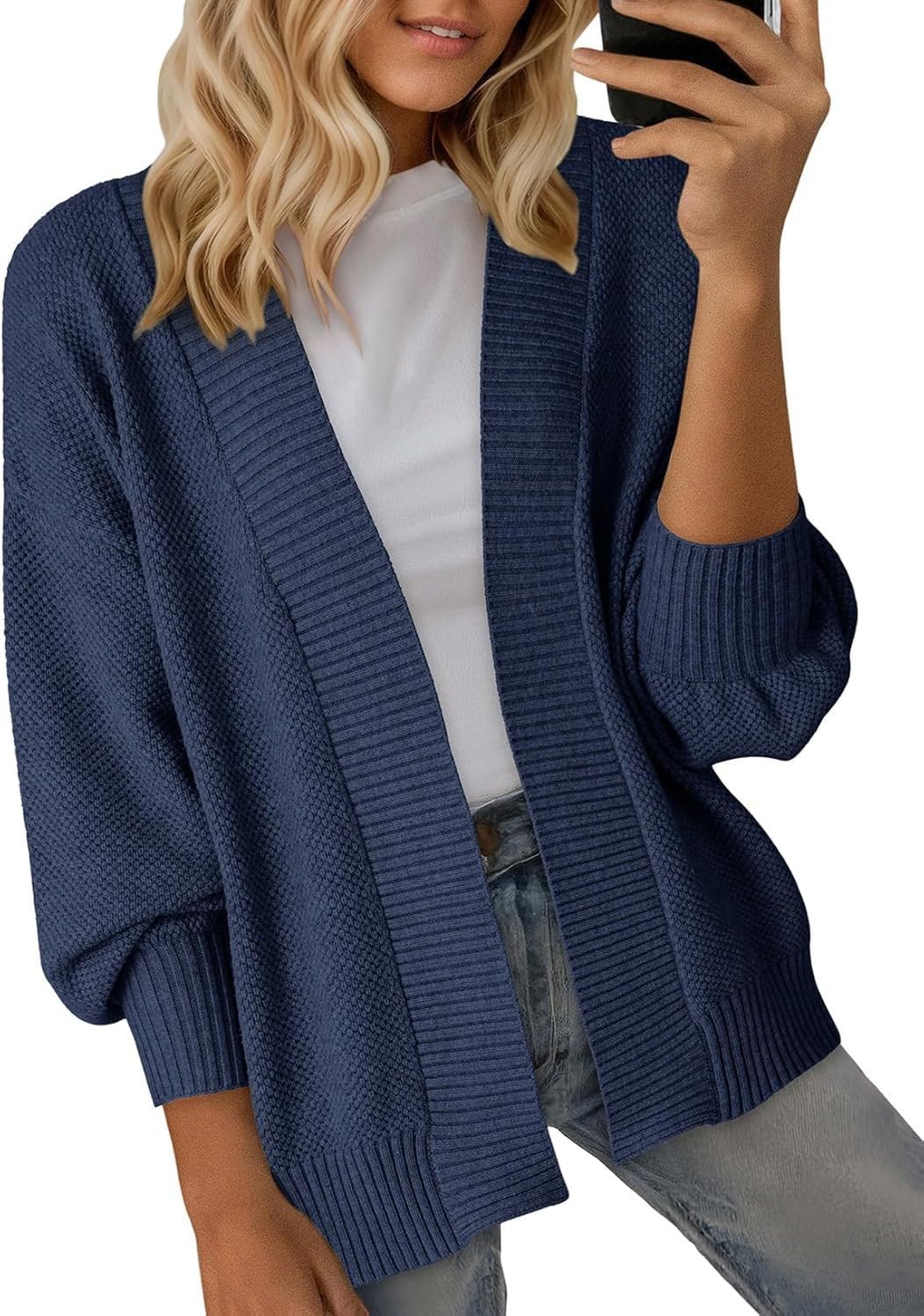 Cárdigan Punto Extragrande Mujer Frente Abierto Manga Larga Manga Abullonada Chaqueta Punto Largo Medio Ribete Acanalado Cárdigan Informal Otoño para Superponer Prendas Prenda Abrigo para Uso Dia