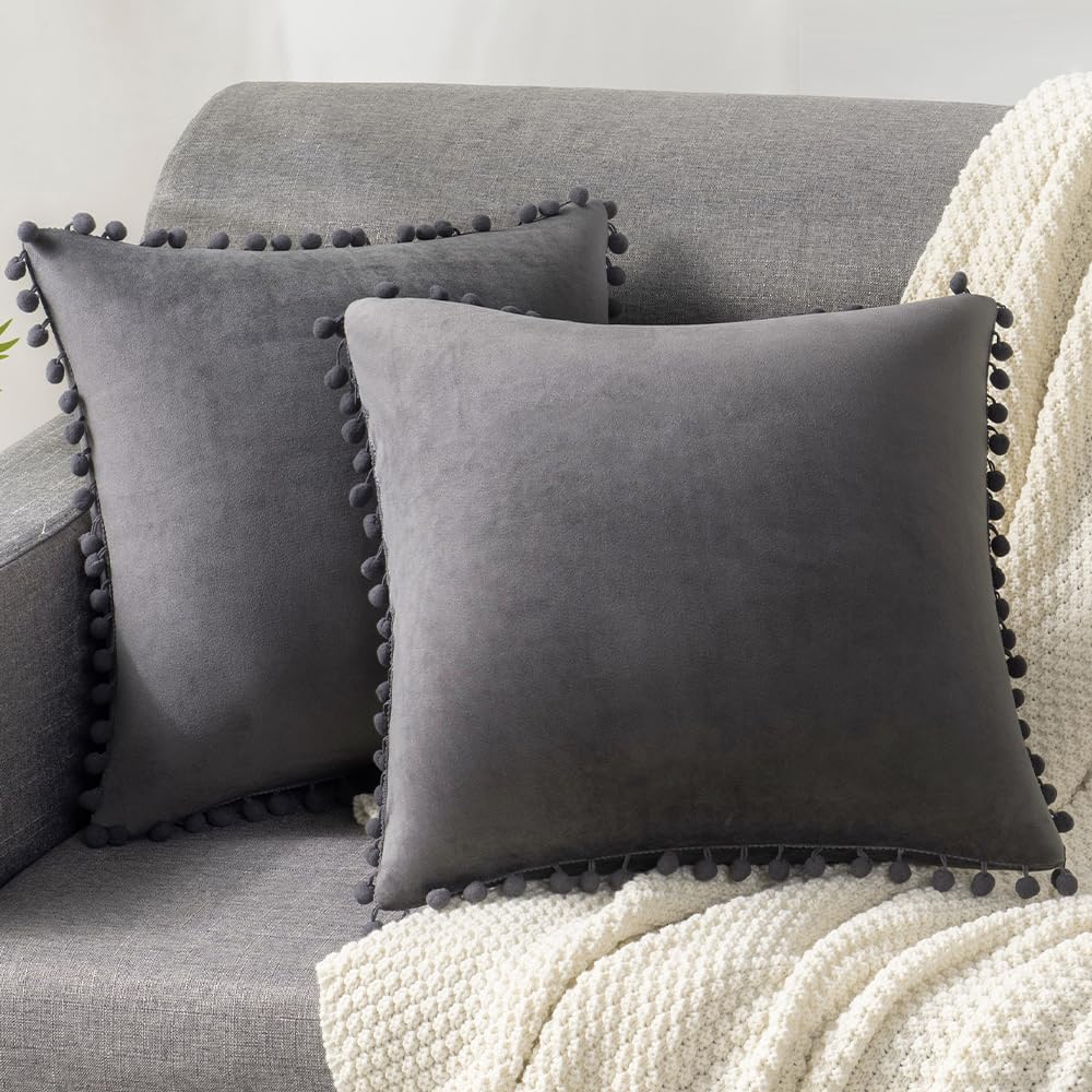 DEZENE Throw Pillow Covers 20x20 Dark-Grey: 2 Pack Cozy Soft Pom-poms Velvet Square Decorative Pillow Cases for Farmhouse Home Decor