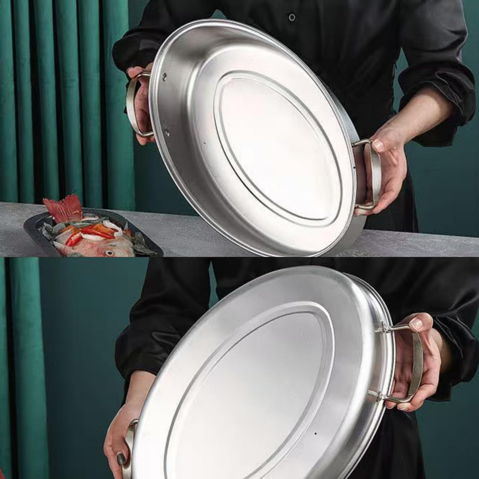 Edelstahl Fisch Dampfgarer Set Großer Dampfgarer Topf zum Dämpfen von Fisch, Kochen von Suppe Multi-Use Oval Kochgeschirr mit Glasdeckel, Gestell, Pfanne, Chuck