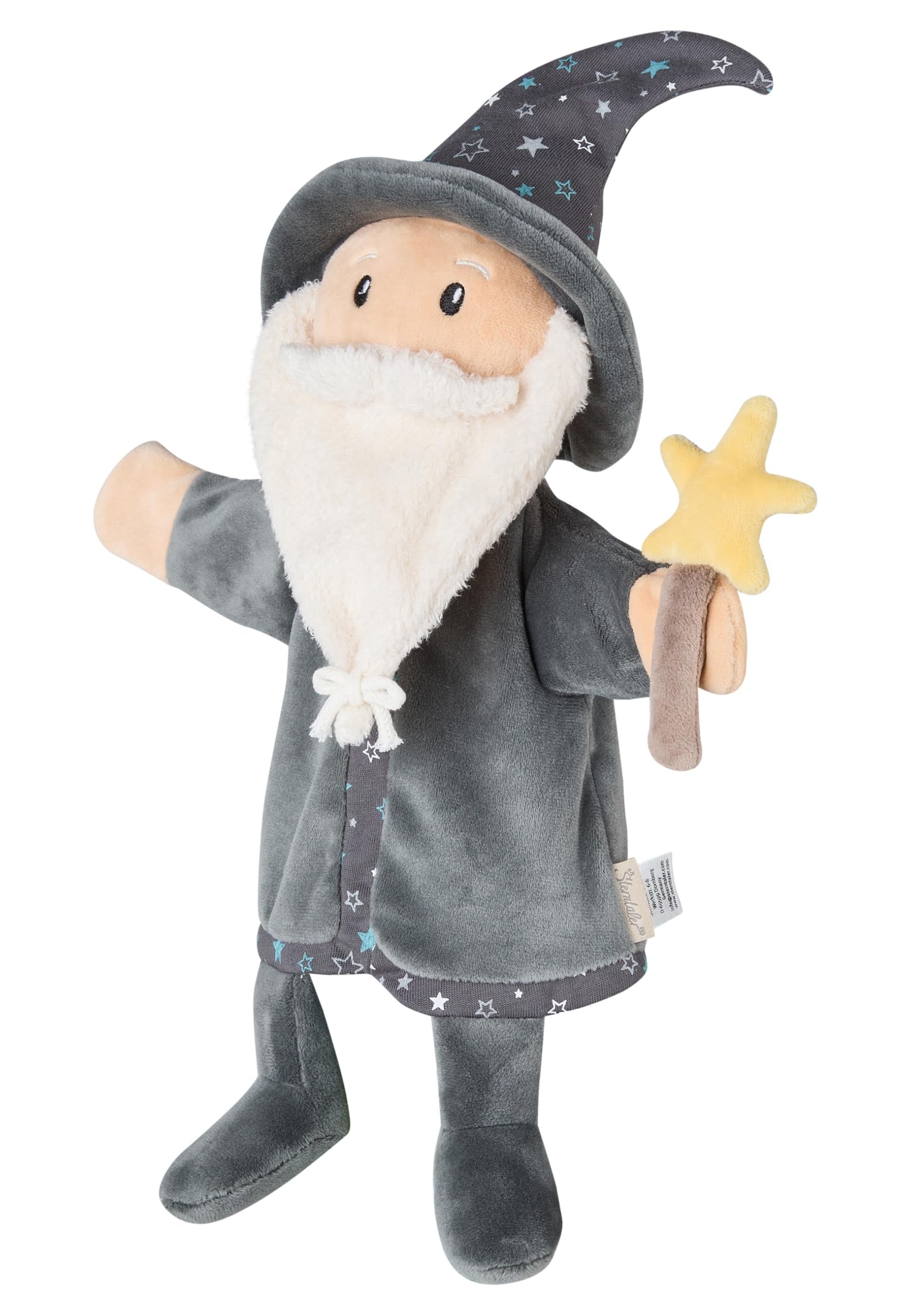 Sterntaler Hand Puppet Wizard Soft Fleece Children's and Baby Toy Head Padded with Polyester Wadding with Magic Wand 36 × 27 × 7 cm – Dark Grey