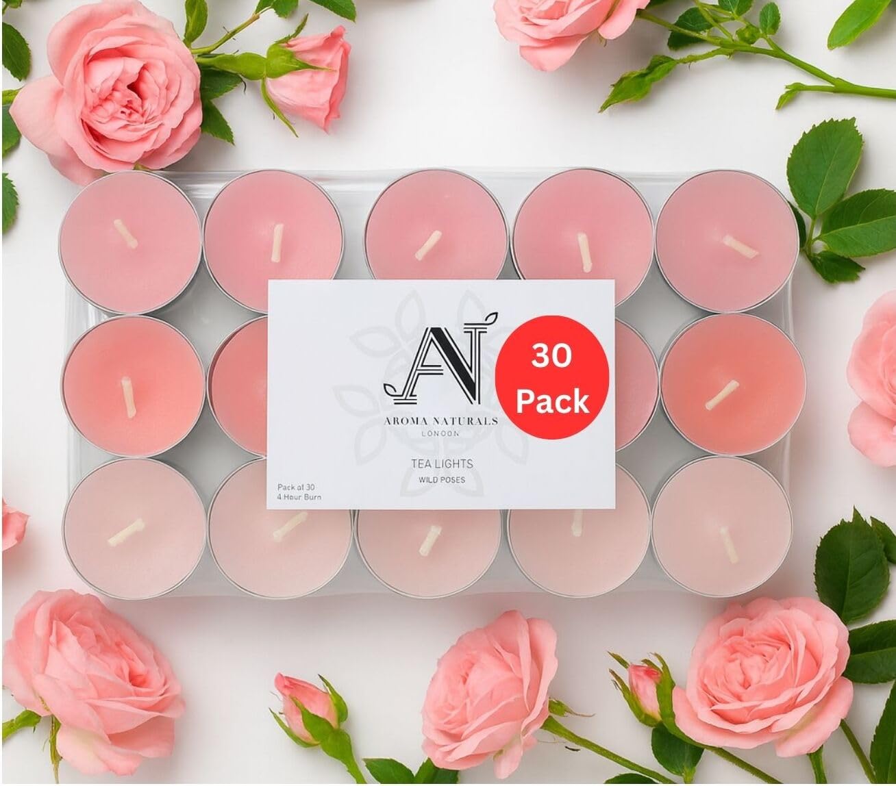 Aroma Naturals Three-Tone Coloured Wax London Scented Tealight Candles Bag | 4 Hour Burn Time | Standard Size D3.77 X H1.45cm | Three Tone Coloured Wax & Aluminium Cups | Pack Of 30 Tea Lights Scent (Wild Roses)