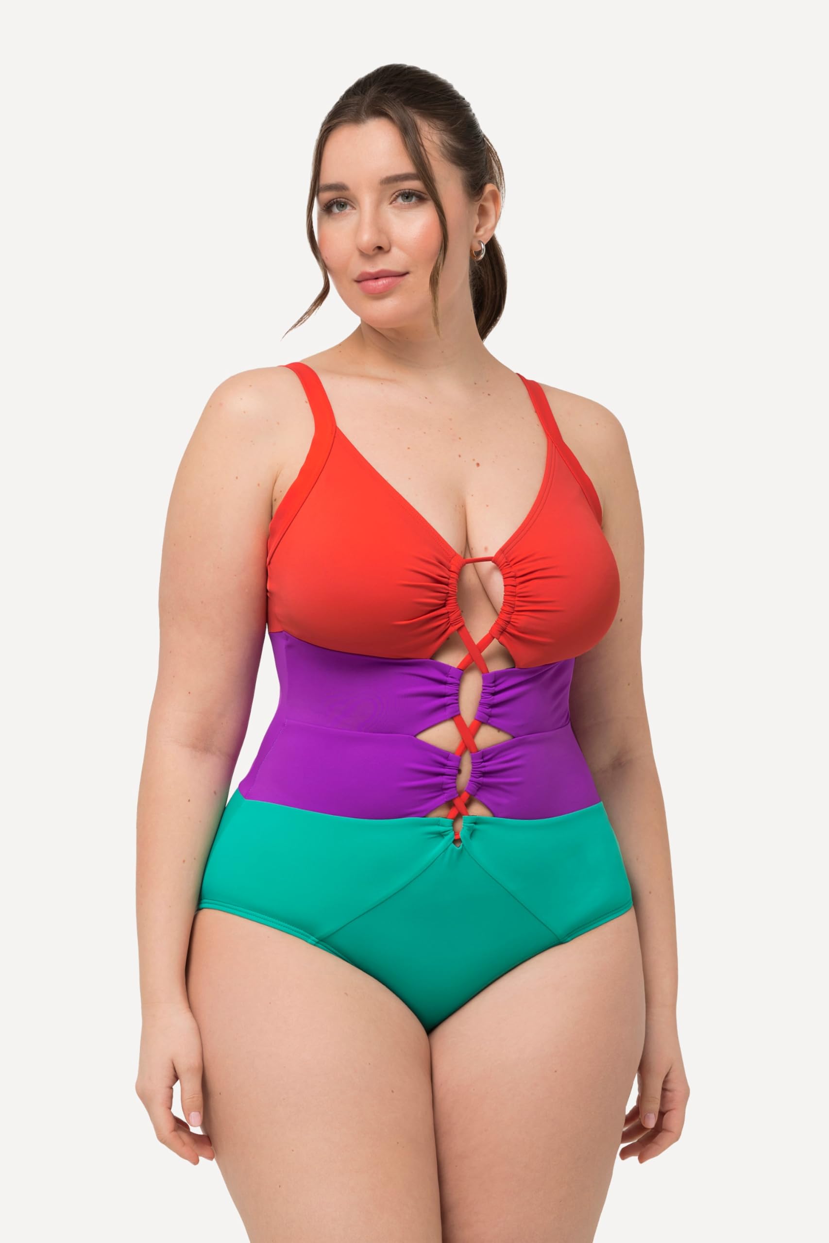 Ulla Popken Costume da Bagno con Color Blocking, Coppe morbide, Aperture e Materiale Riciclato 826476