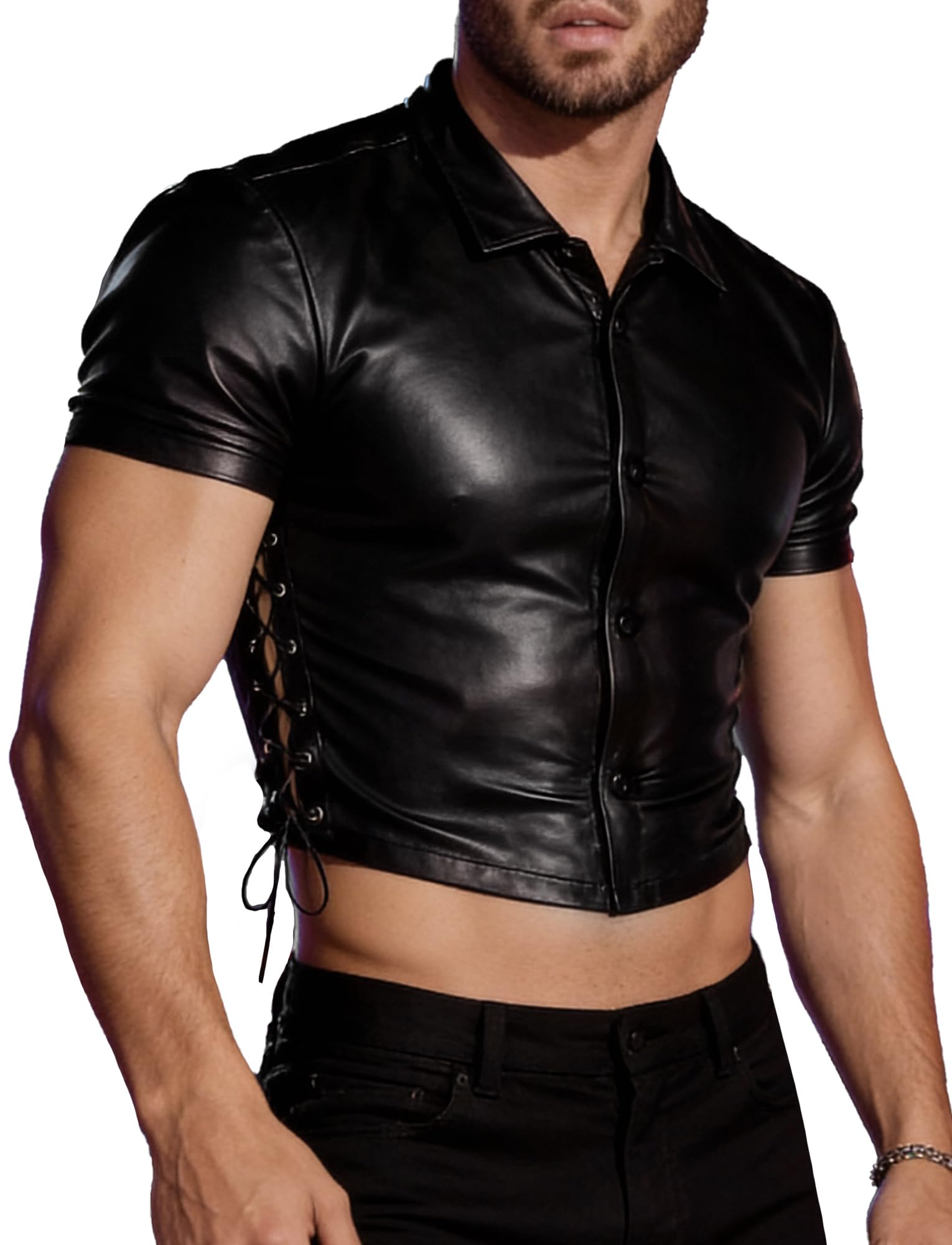 Latex Shirts Men's Sleeveless Tank Top Undershirt Sexy Wetlook T-Shirt Latex Similar Men Black PU Leather Sleeveless Erotic Tops Men Top, B1, XL