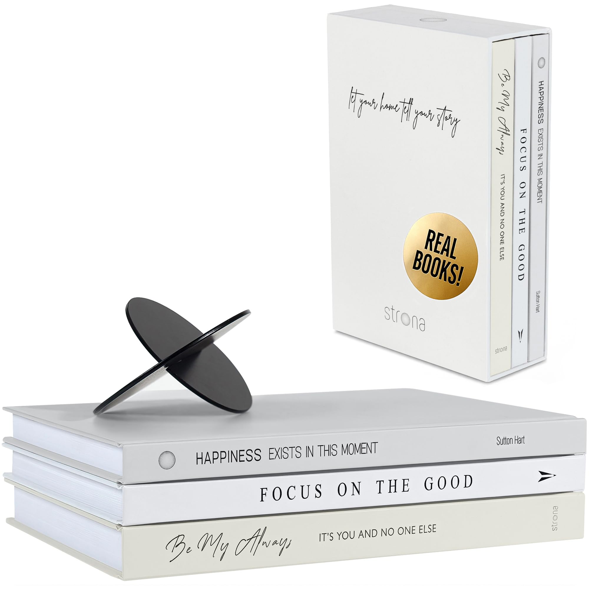 Book Decor Set - 3 Decorative Books for Home Decor with Black Metal Sculpture - Faux Books for Bookshelf Decoration, Coffee Table Decor, Modern Book Stack, Fake Books Decor, Book Shelf Accent