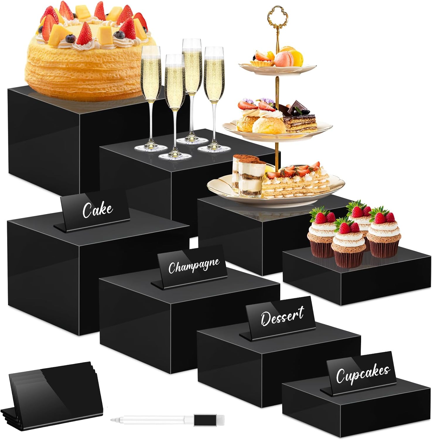 Buffet Risers Set of 8 Acrylic Cube Display Stands Box Risers with Hollow Bottoms 4 Different Size Dessert Table Display Set Food Nesting Risers for Buffet Table, Cupcake Candy Food, Parties, Brunch, Weddings (8 PCS Black Cube)