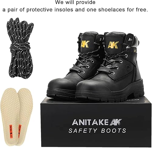 Miniatura 6 de ANITAKE Botas de trabajo con punta de acero para hombre, 6 pulgadas, cuero de grano completo, aislamiento eléctrico, antideslizantes, resistentes a